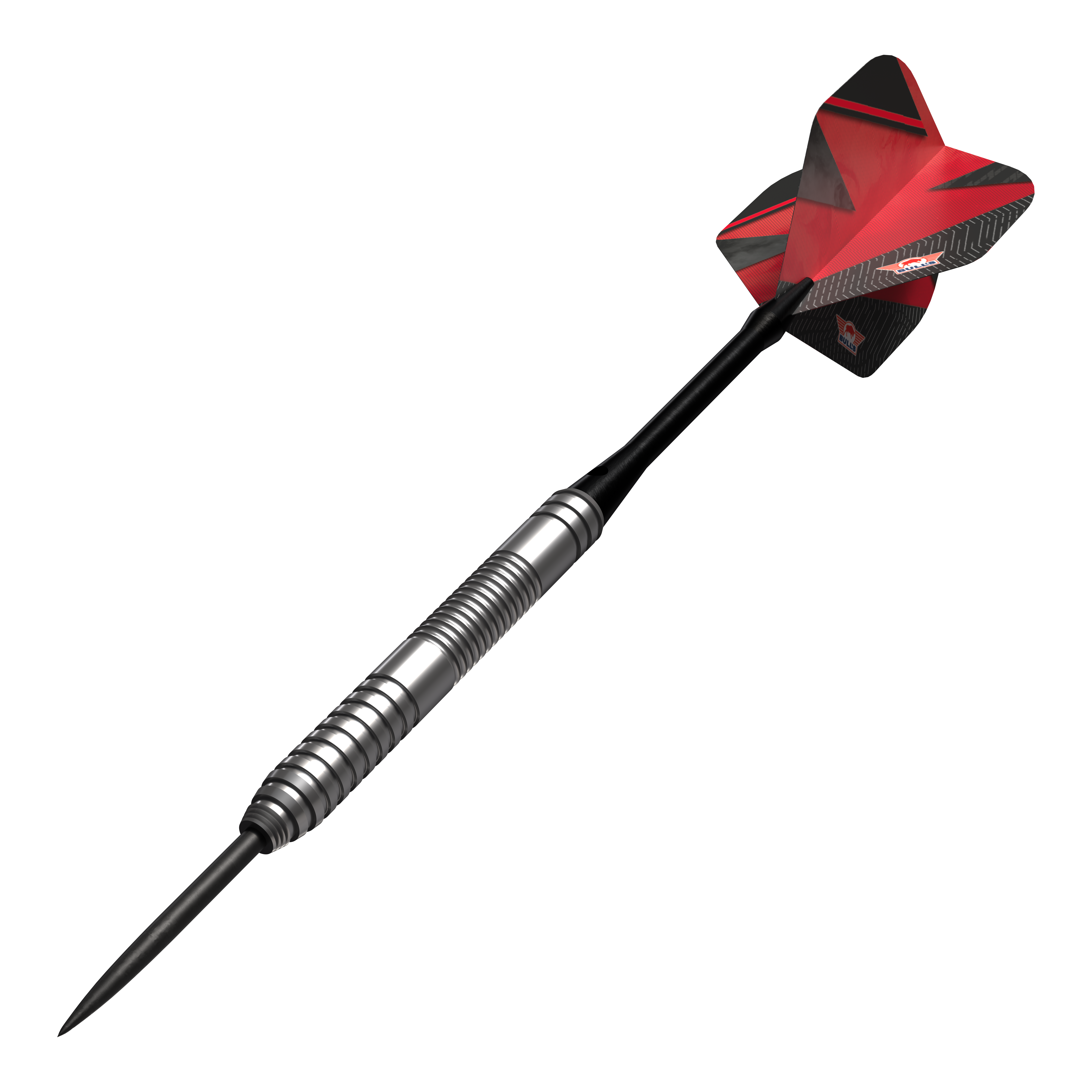 Das Bild zeigt einen Bulls NL Lightning Red Steeldart mit silbernem Barrel und roten Flights. Der Dart hat ein modernes Design und ist für Präzision beim Spielen gemacht.