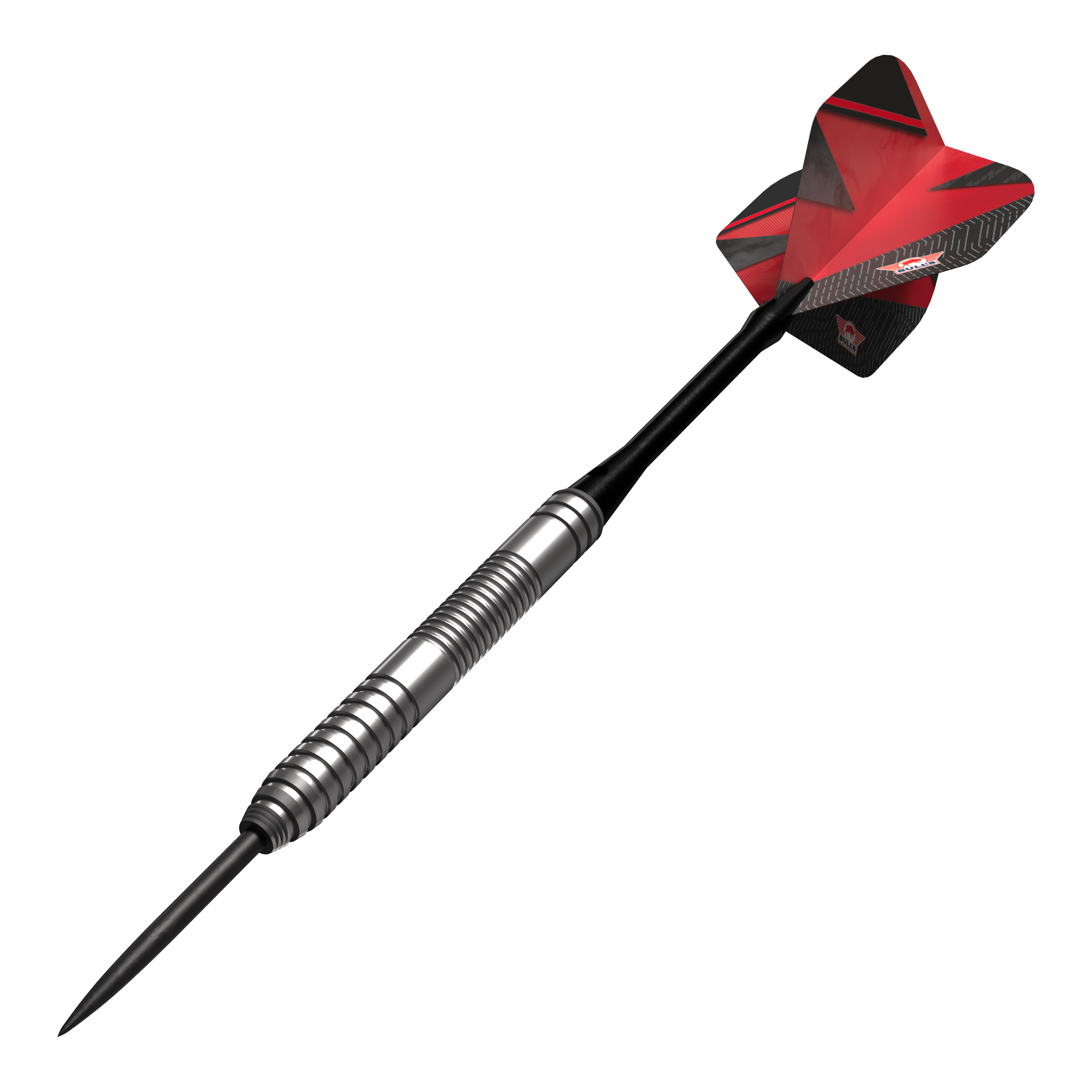 Ocelové šipky Bulls NL Lightning Red Das Bild zeigt einen Bulls NL Lightning Red Steeldart mit silbernem Barrel und roten Flights. Der Dart hat ein modernes Design und ist für Präzision beim Spielen gemacht.