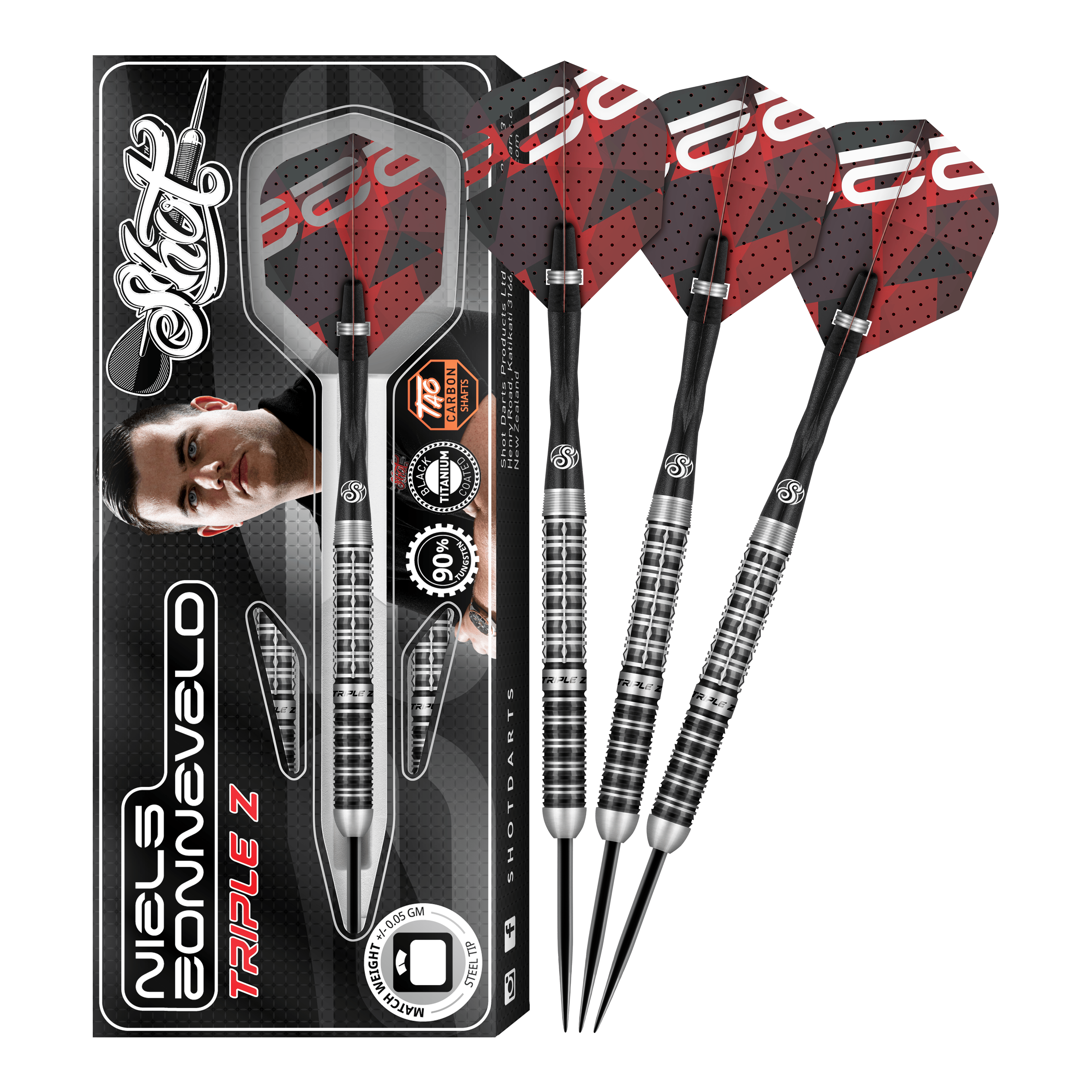 Ocelové šipky Niels Zonneveld V2 Das Bild zeigt das Produkt "Shot Niels Zonneveld V2 Steeldarts" samt Verpackung und vier Steeldarts. Die Darts haben ein silber-schwarzes Design mit roten Flights.