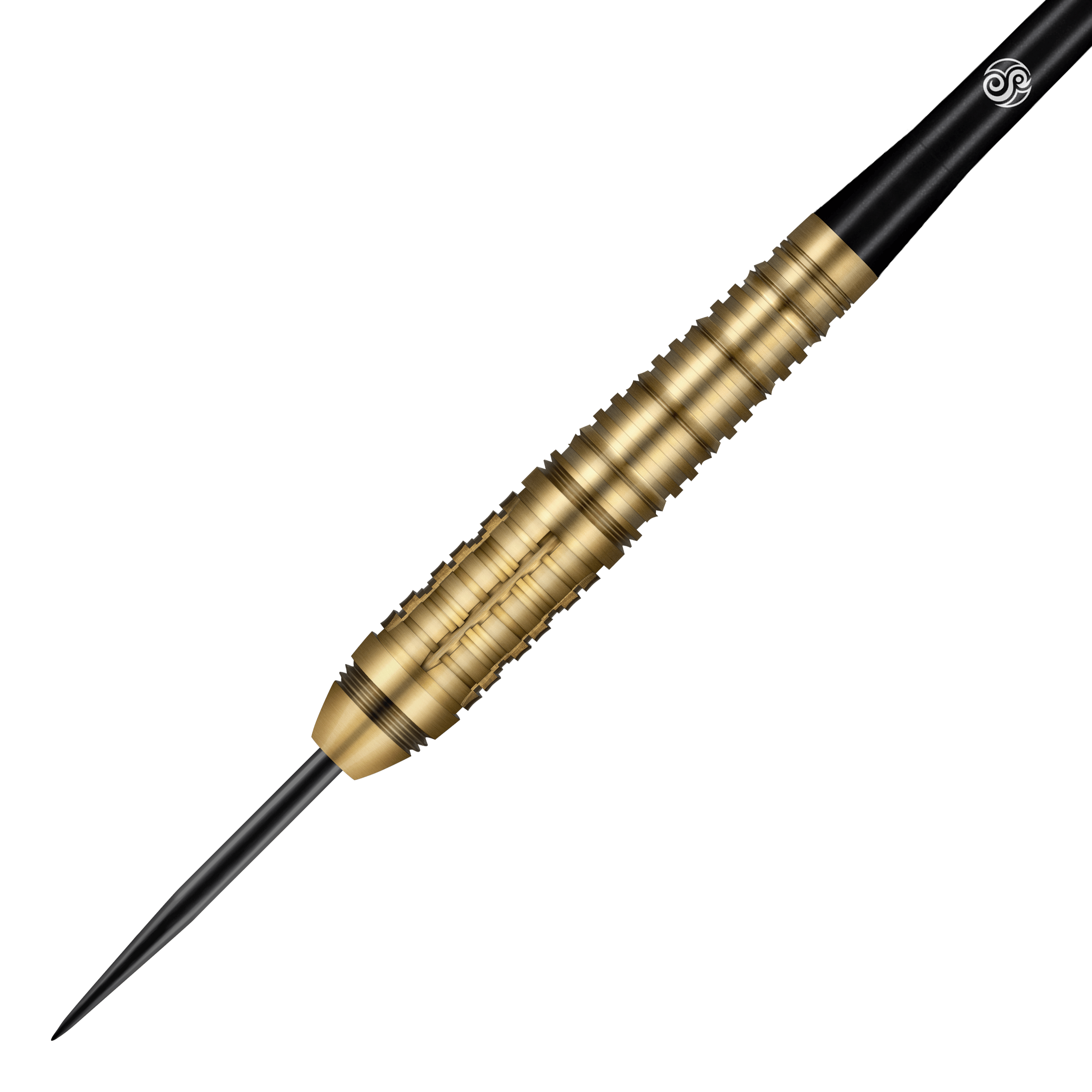 Ocelové šipky Shot Redline Mach 1 Das Bild zeigt einen Steeldart der Marke Shot Redline Mach 1. Der Dart hat eine goldene, geriffelte Oberfläche und eine schwarze Spitze.
