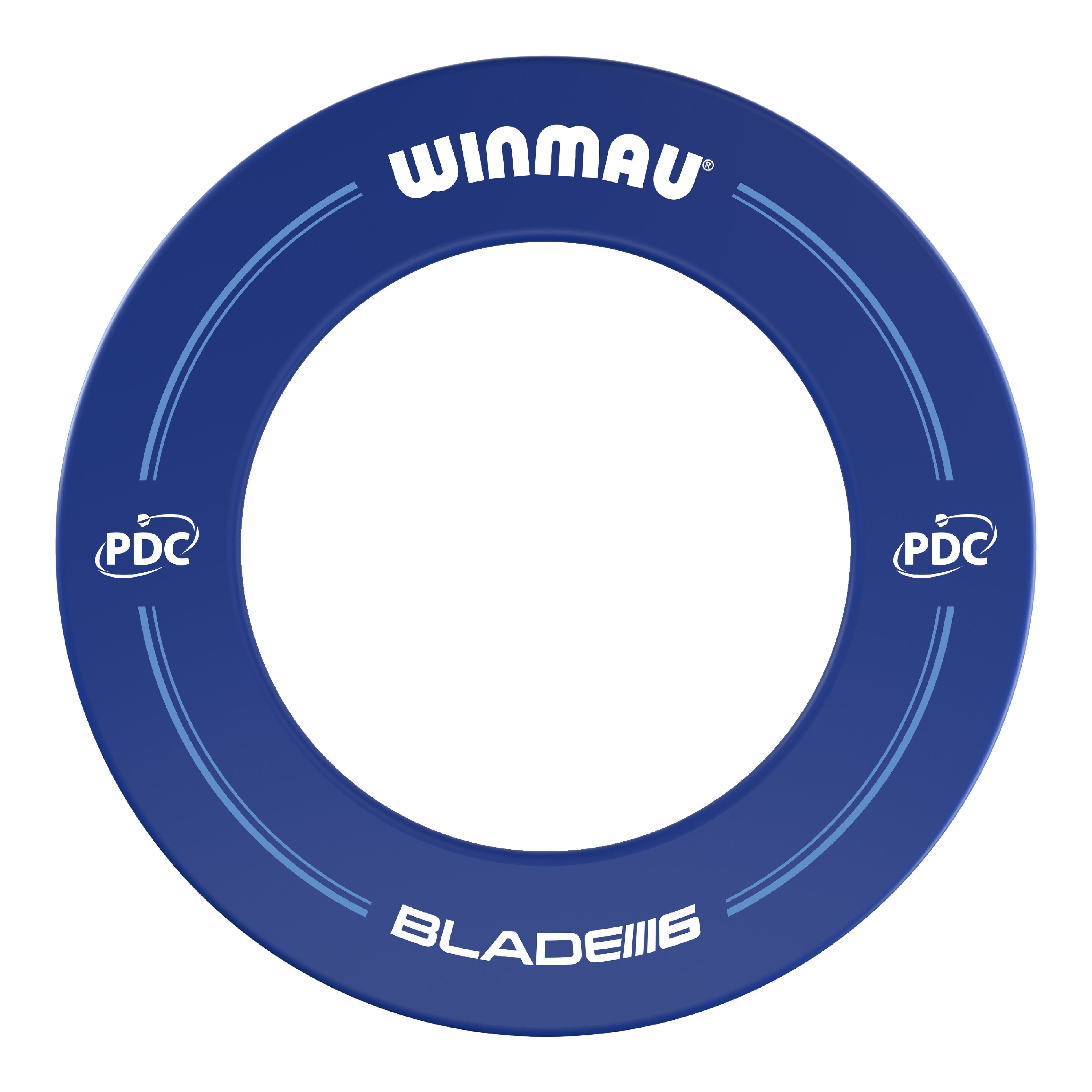 Winmau PDC Dartboard Surround – modrá Das Bild zeigt einen blauen Dartboard-Surround der Marke Winmau mit PDC-Logo. Auf dem Ring stehen die Worte "WINMAU" und "BLADE 6".