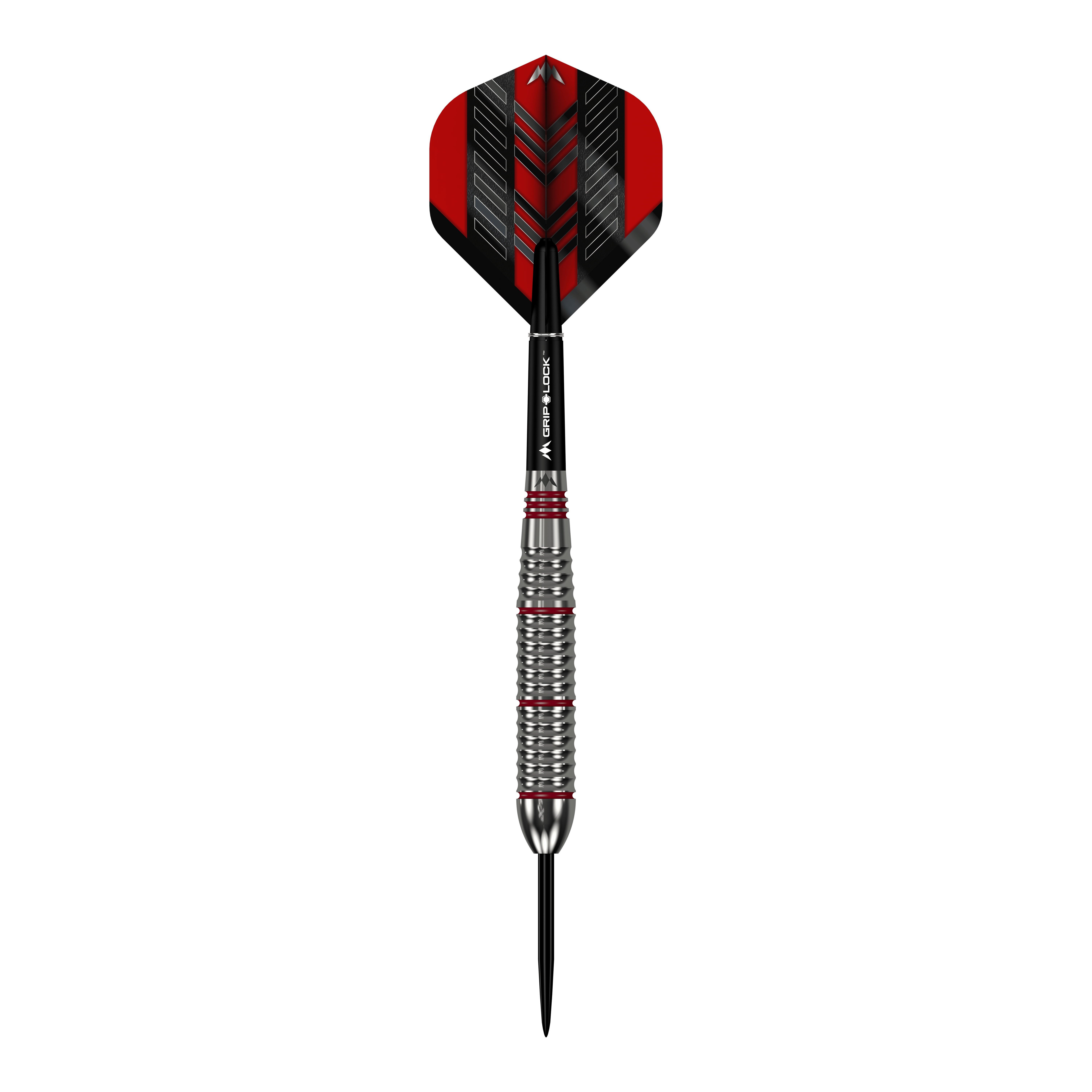 Šipky Mission Rogue Brass Steel - 22g Das Bild zeigt einen Mission Rogue Brass Steeldart mit einem Gewicht von 22 Gramm. Der Dart hat ein silbernes, geriffeltes Barrel und rote sowie schwarze Akzente an Flight und Shaft.