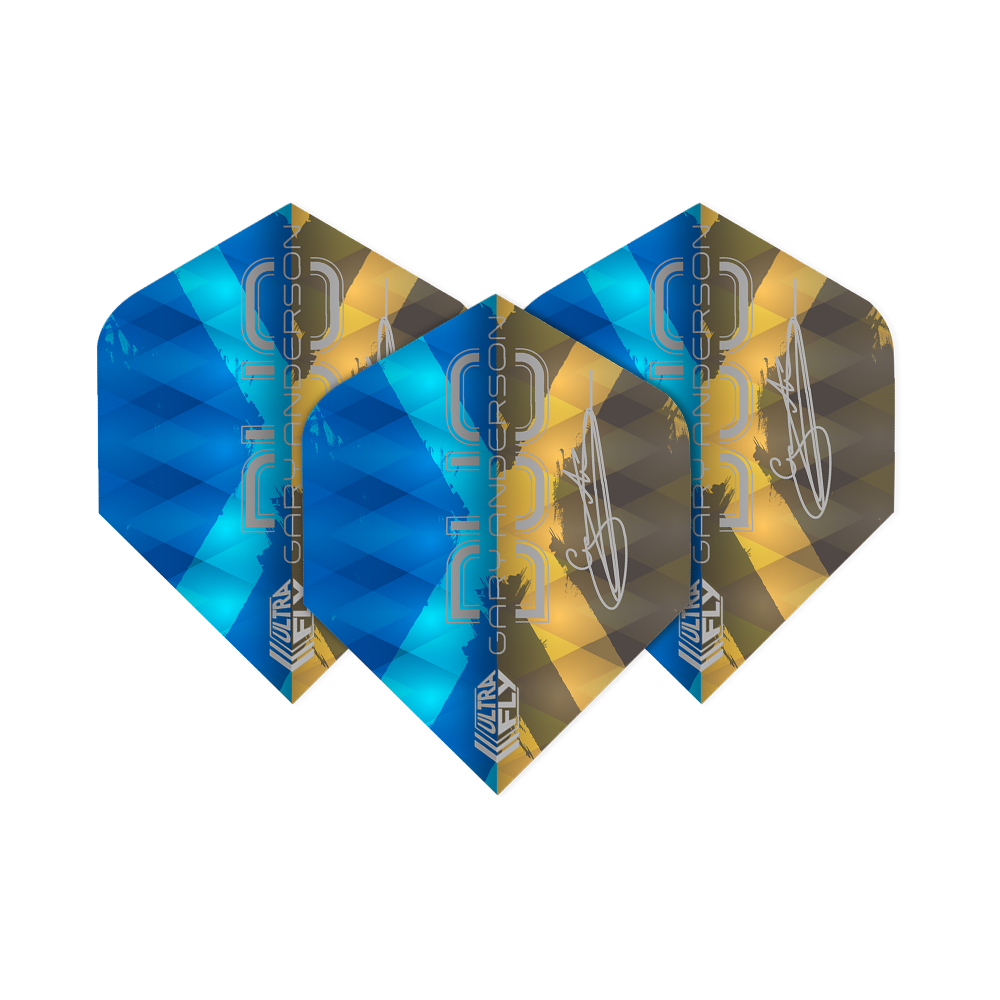 Letky Unicorn Ultrafly 100 Gary Anderson Duo Plus Das Bild zeigt drei Dartflights der Marke "Unicorn Ultrafly 100 Gary Anderson Duo Plus". Die Flights sind in den Farben Blau und Gold gestaltet und tragen den Schriftzug "Gary Anderson".