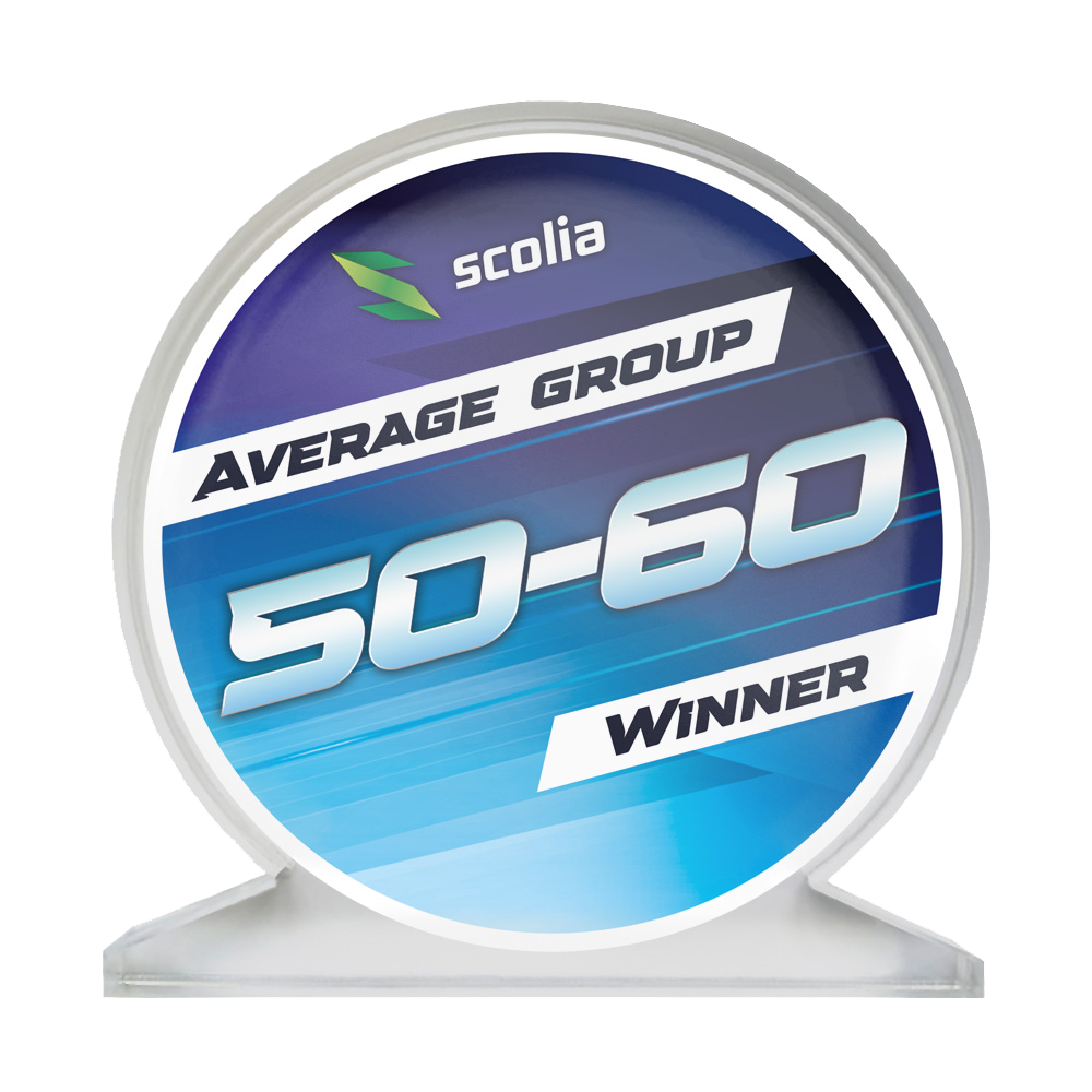 Trofej Scolia z akrylového skla - vítěz Acrylglaspokal mit der Aufschrift 'Average 50-60' ist zu sehen. Das Design zeigt eine klare, rechteckige Trophäe.