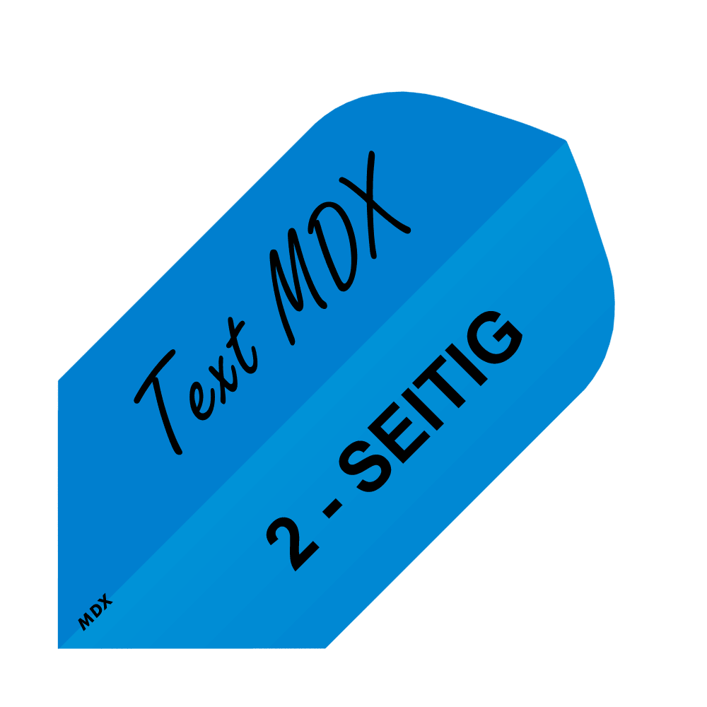 MD-456_2-Seitig_Bedruckte_Flights_Wunschtext_MDX_Blau_Slim_1 Das Bild zeigt einen blauen Dartflight mit schwarzer Aufschrift. Darauf steht „Text MDX“ und „2-SEITIG“.