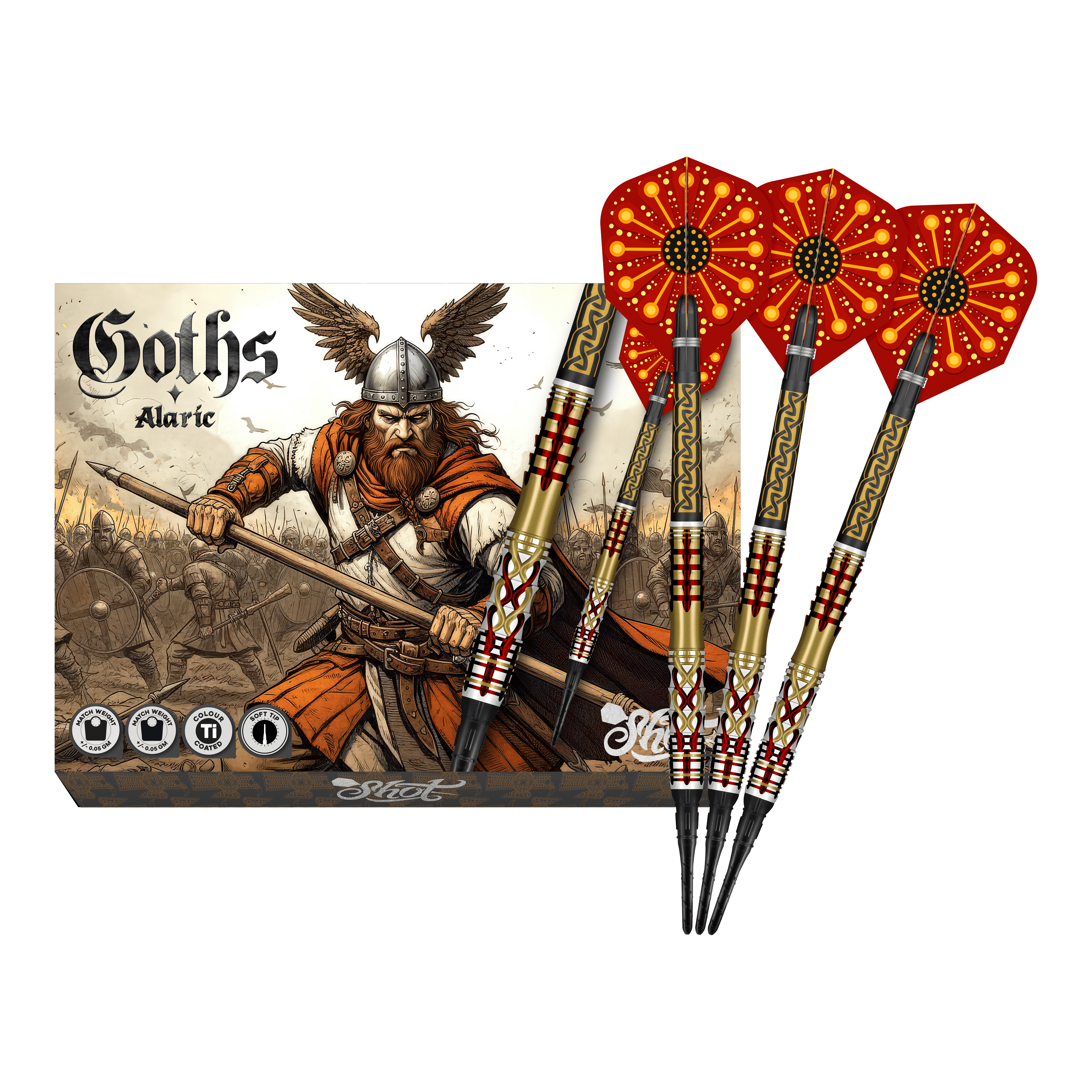 Měkké šipky Shot Goths Alaric - 20g Abgebildet sind die Shot Goths Alaric Softdarts - 20g in voller Ansicht. Die gesamte Länge der Darts ist deutlich erkennbar.