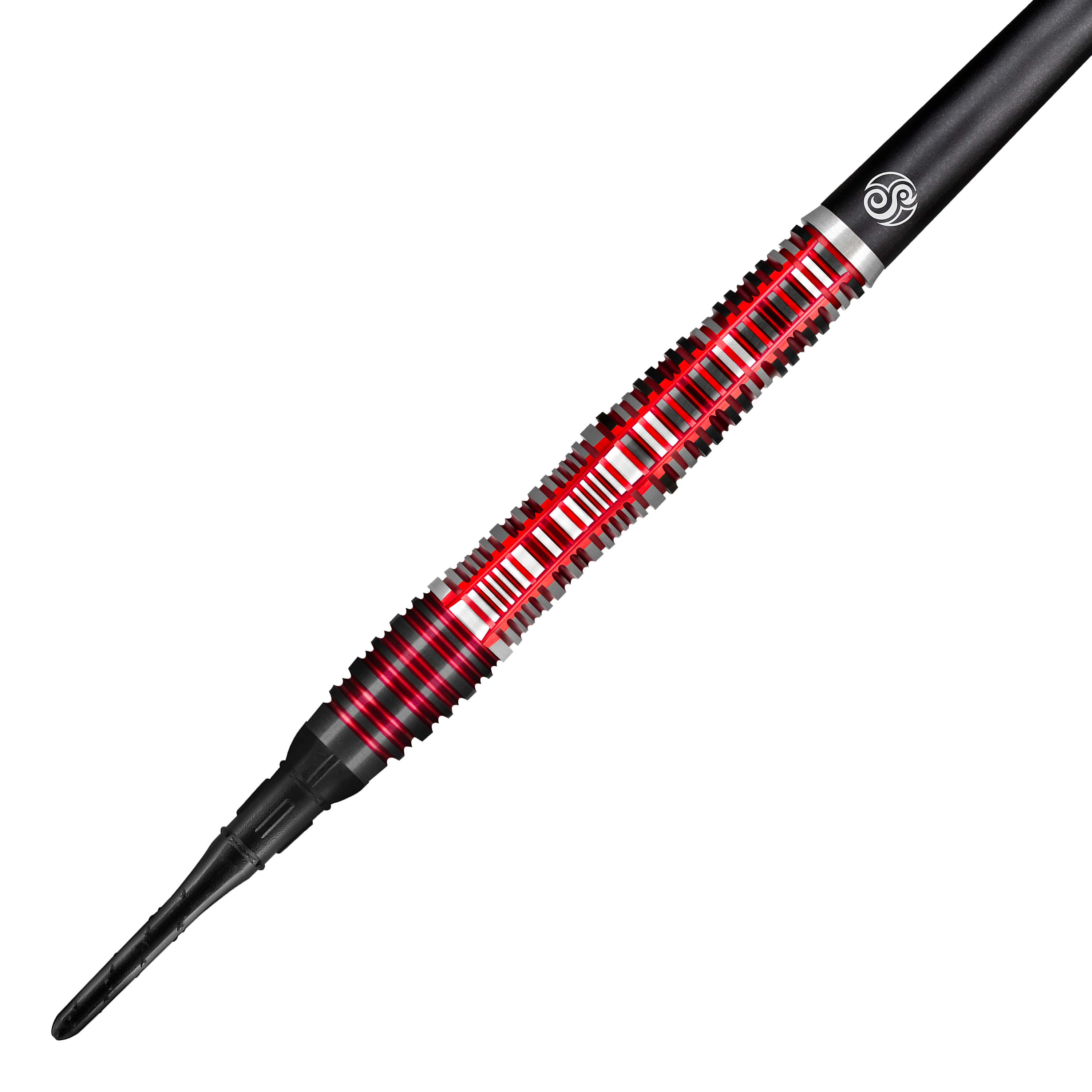 Das Bild zeigt einen Softdart namens „Shot Future Knights Dreadheart Softdarts - 20g“. Der Dart hat ein auffälliges Design mit roten und silbernen Akzenten sowie präzisen Rillen für besseren Halt.