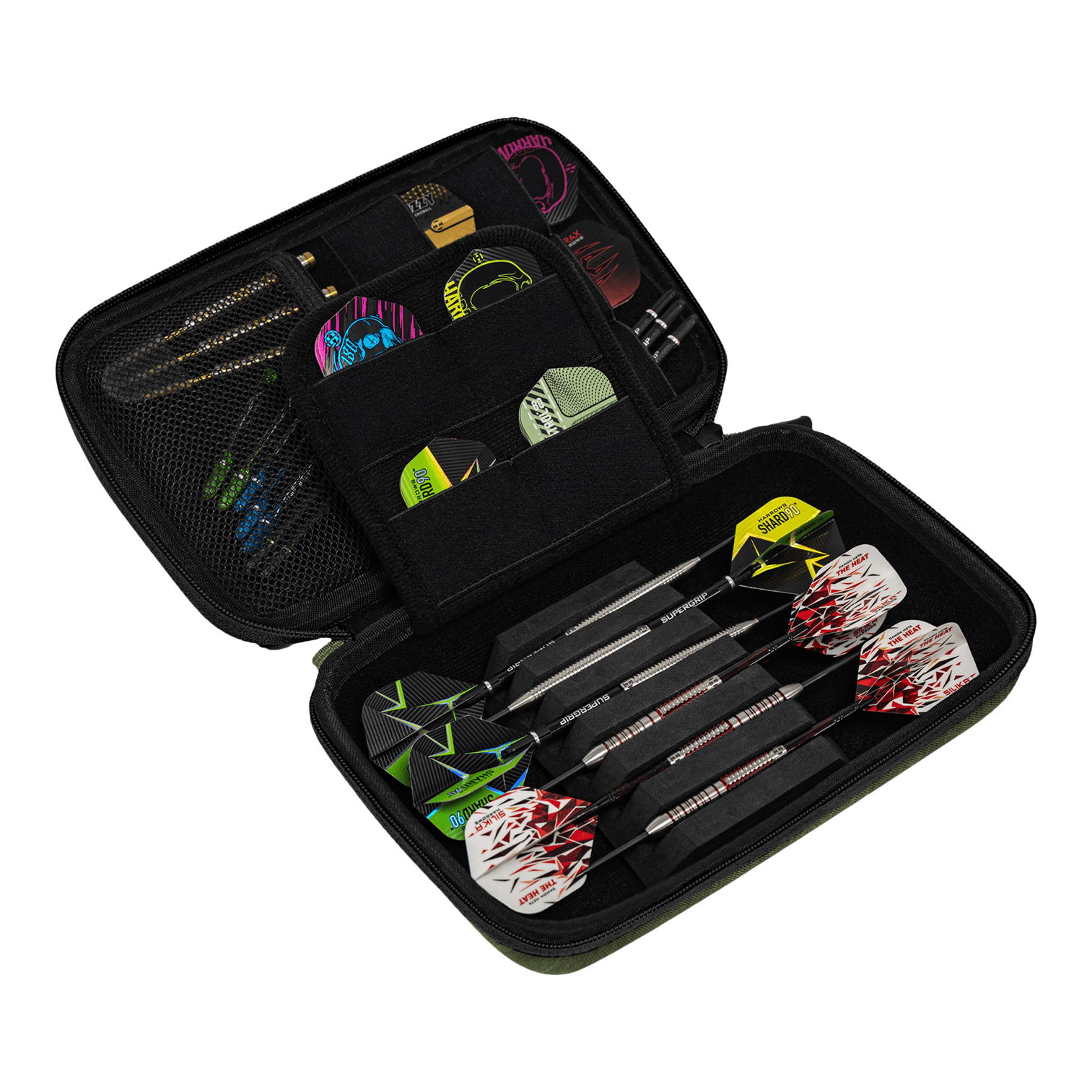 Peněženka na šipky Harrows Smart Case XL Das Bild zeigt ein offenes Dart-Etui mit mehreren Fächern. Darin befinden sich drei zusammengesetzte Darts sowie diverses Dart-Zubehör und Ersatzteile.