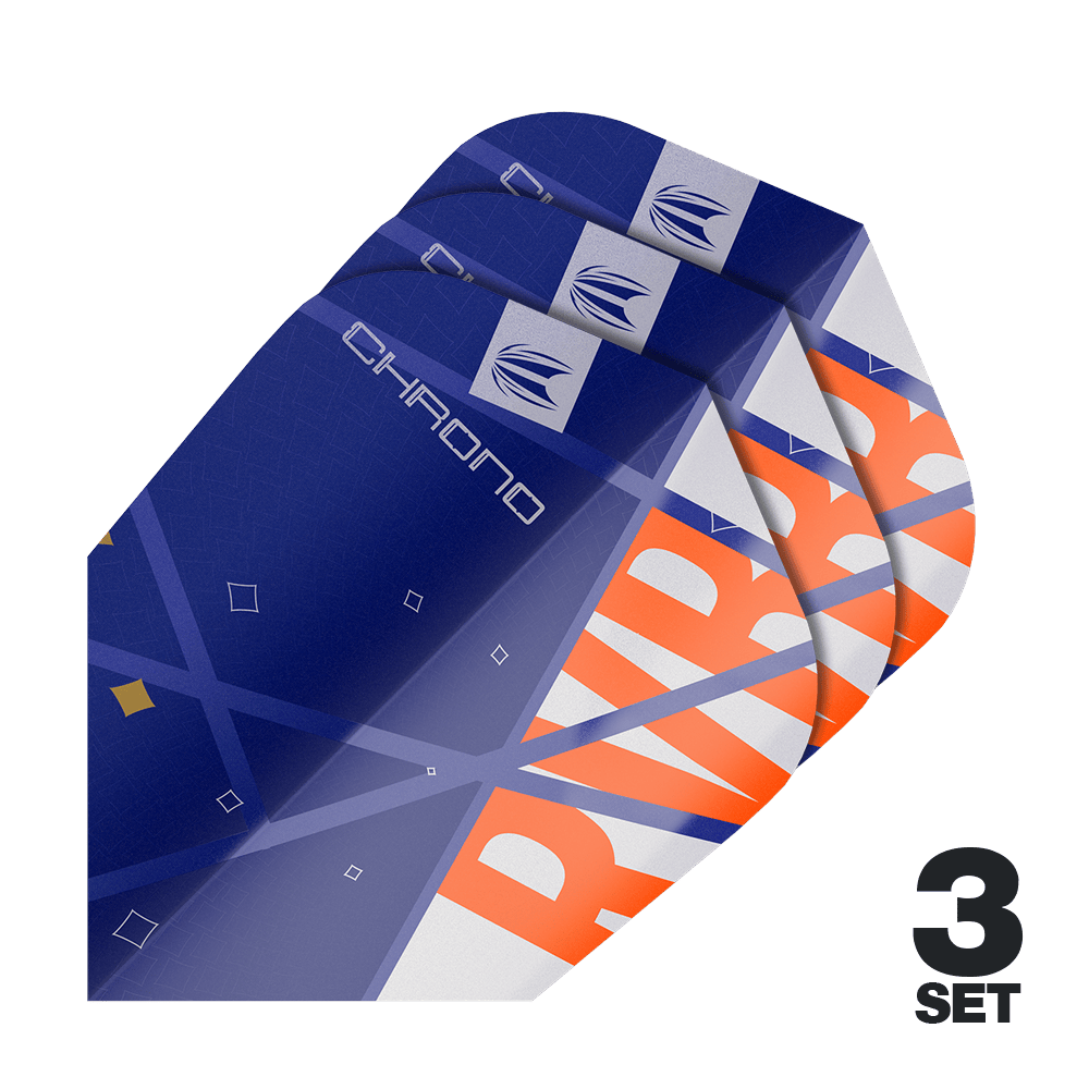 Standardní letky Target Pro Ultra Raymond Van Barneveld Chrono Ten-X - 3 sady Auf dem Bild sind drei Sätze von Target Pro Ultra Raymond Van Barneveld Chrono Ten-X Standard Flights zu sehen. Die Flights sind überwiegend blau mit orangefarbenen und weißen Akzenten gestaltet.