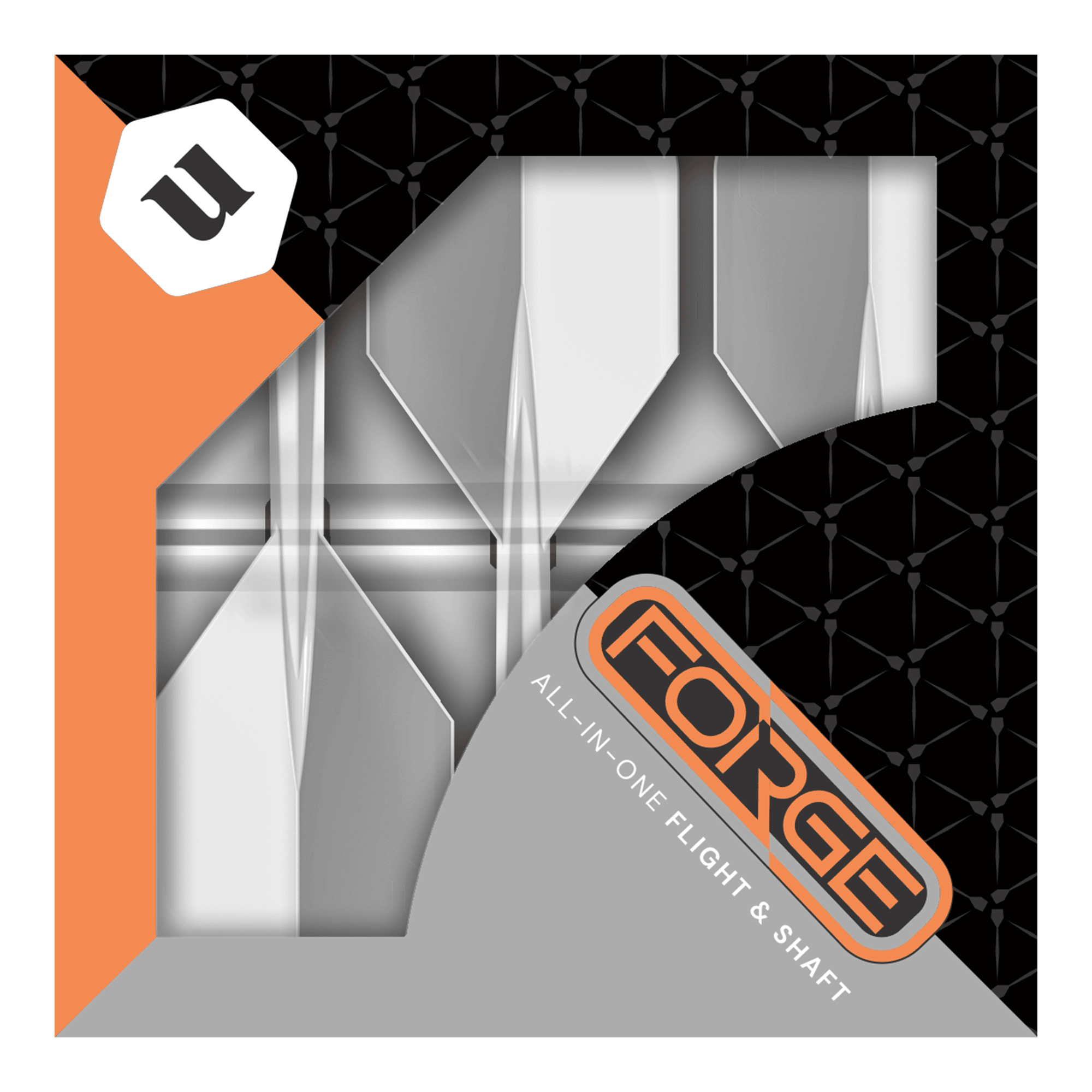 Unicorn Forge All In One Plus No2 Standard Flights čiré - střední Das Bild zeigt die Verpackung des Produkts „Unicorn Forge All In One Plus No2 Standard Flights Clear - Medium“. Die Verpackung ist in Schwarz, Orange und Grau gehalten und zeigt die Flights und Shafts durch ein Sichtfenster.