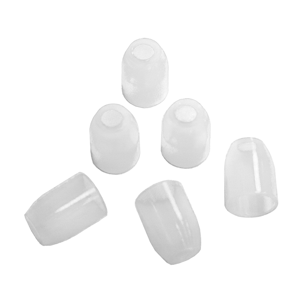 LSF11_L-Style_Champagne-Ringe_Weiss_1 Auf dem Bild sind sechs durchsichtige L-Style Champagne Ringe zu sehen. Sie sind klein und haben eine zylindrische Form.