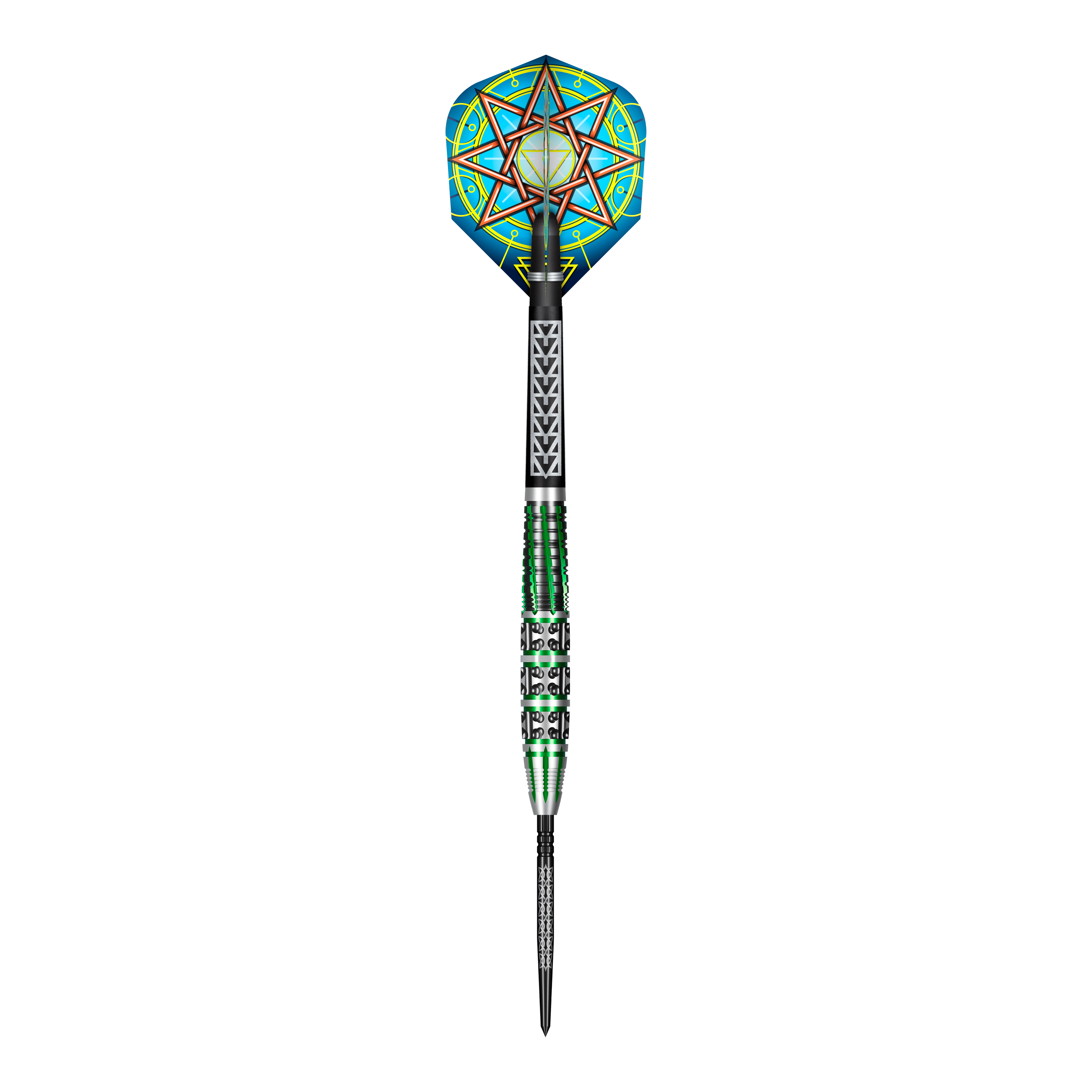 Das Bild zeigt Shot Celt Druid Turbo Point Steeldarts mit verzierten Details. Die Darts sind nummeriert dargestellt.
