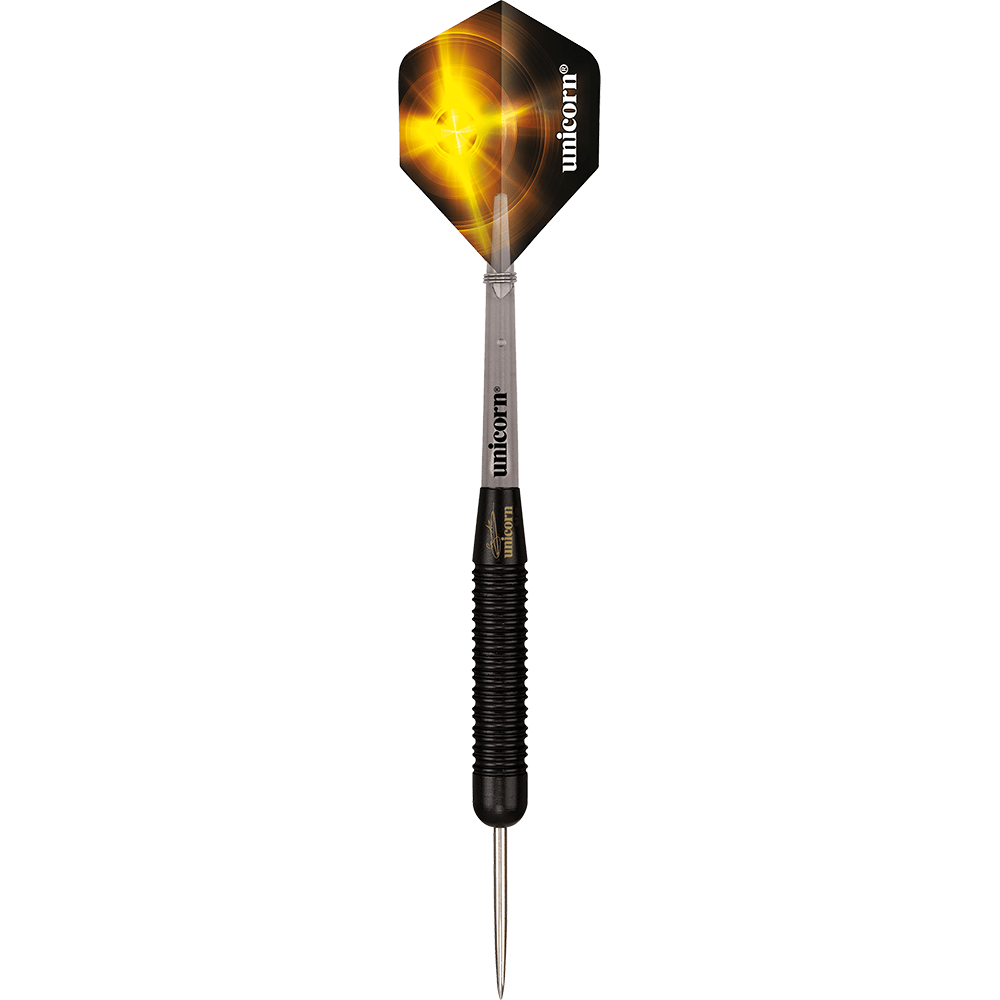 27661_Unicorn_Black_Brass_Gary_Anderson_V1_Steeldarts_1TmuvYOIhtdWOC Das Bild zeigt einen Unicorn Black Brass Gary Anderson V1 Steeldart. Der Dartpfeil hat ein schwarzes Griffstück und eine schwarz-goldene Flight mit einem leuchtenden Design.