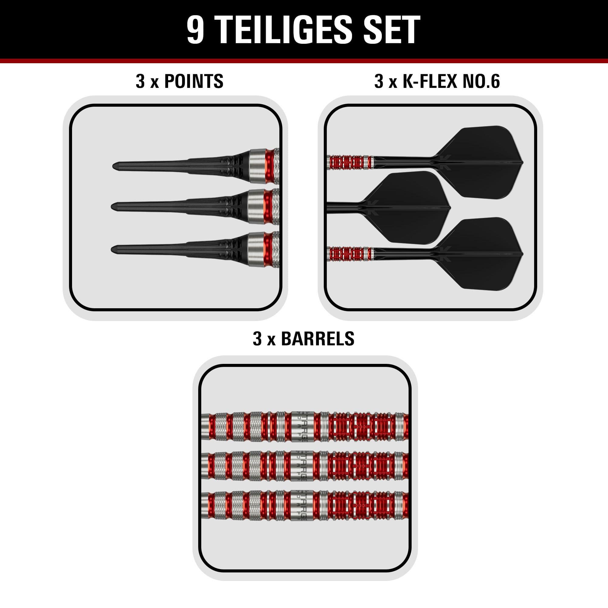 Měkké šipky Target Black Marque Spinel - 21,5 g Abgebildet sind Target Black Marque Spinel Softdarts mit einem Gewicht von 21,5g. Sie zeichnen sich durch eine edle Optik und hohe Qualität aus.