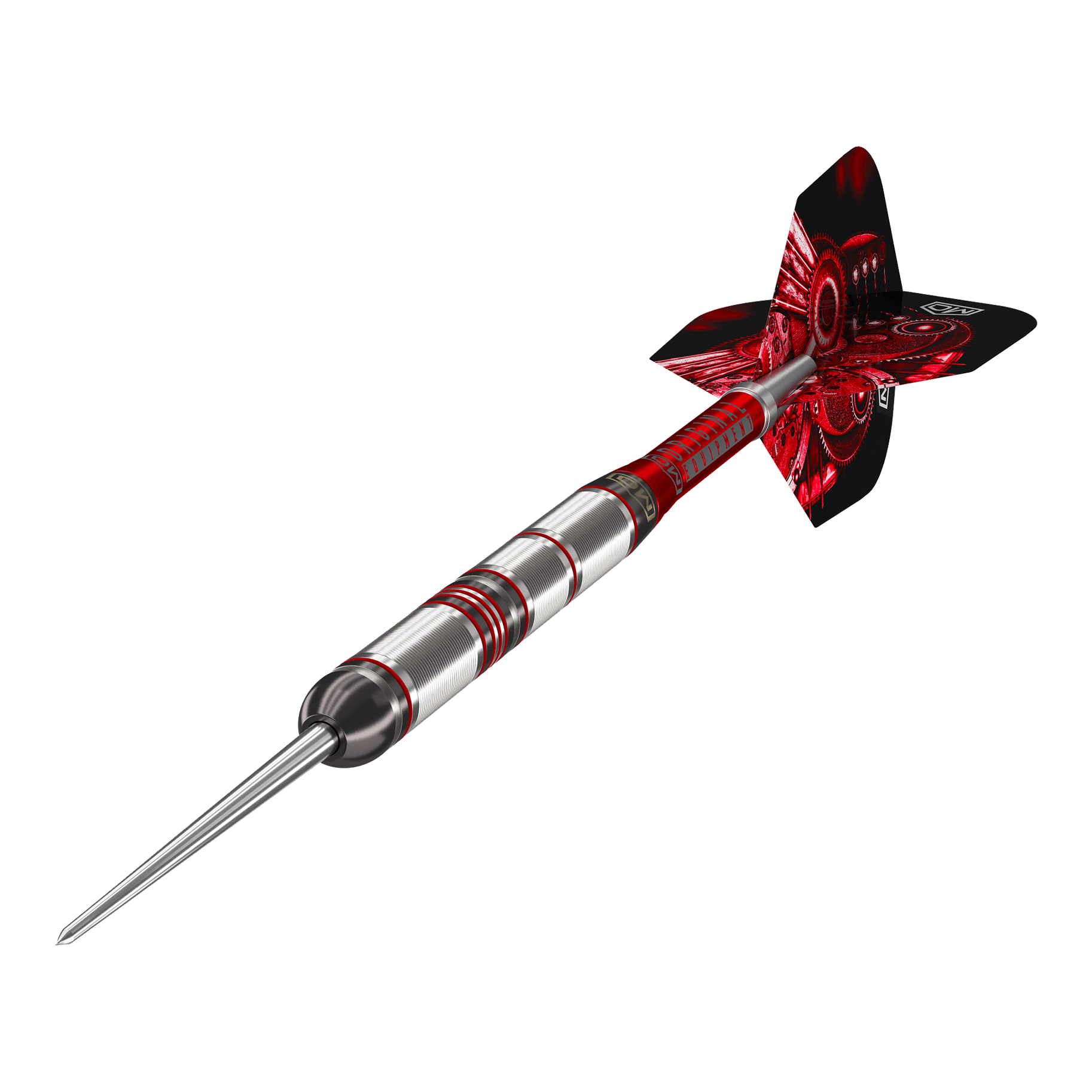 Ocelové šipky DW Piranha Razor 01 Das Bild zeigt einen DW Piranha Razor 01 Steeldart. Der Dartpfeil hat ein silbernes Barrel mit roten Akzenten und rote Flights.