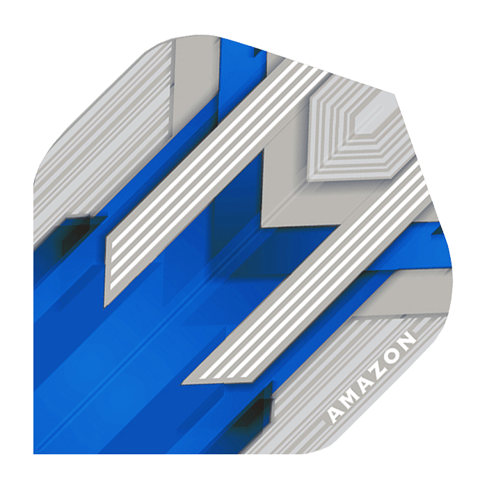 A-33-Amazon-Silver-No2-Blue-Flights012D63u0suw7E Das Bild zeigt ein Amazon Silver No.2 Blue Flight mit einem geometrischen Muster in Blau, Silber und Weiß. In der Ecke steht das Wort "AMAZON" in weißen Buchstaben.
