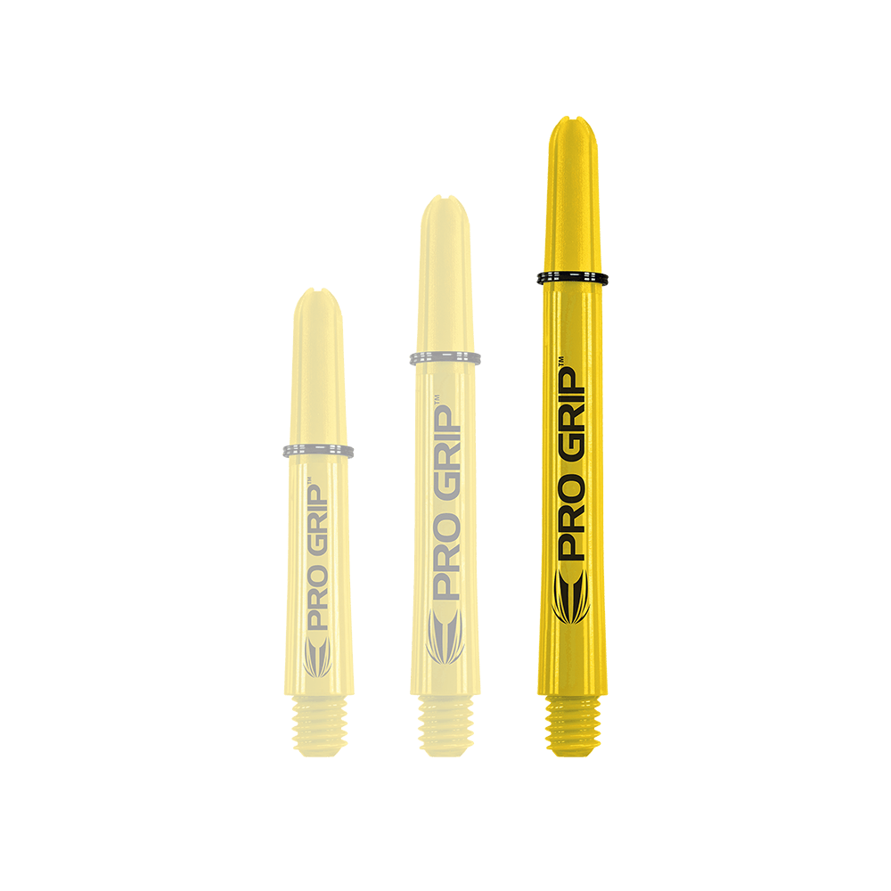 Target Pro Grip Shafts – 3 sady – žlutá Auf dem Bild sind drei gelbe Pro Grip Shafts in unterschiedlichen Längen zu sehen. Sie stehen nebeneinander und tragen die Aufschrift "PRO GRIP".