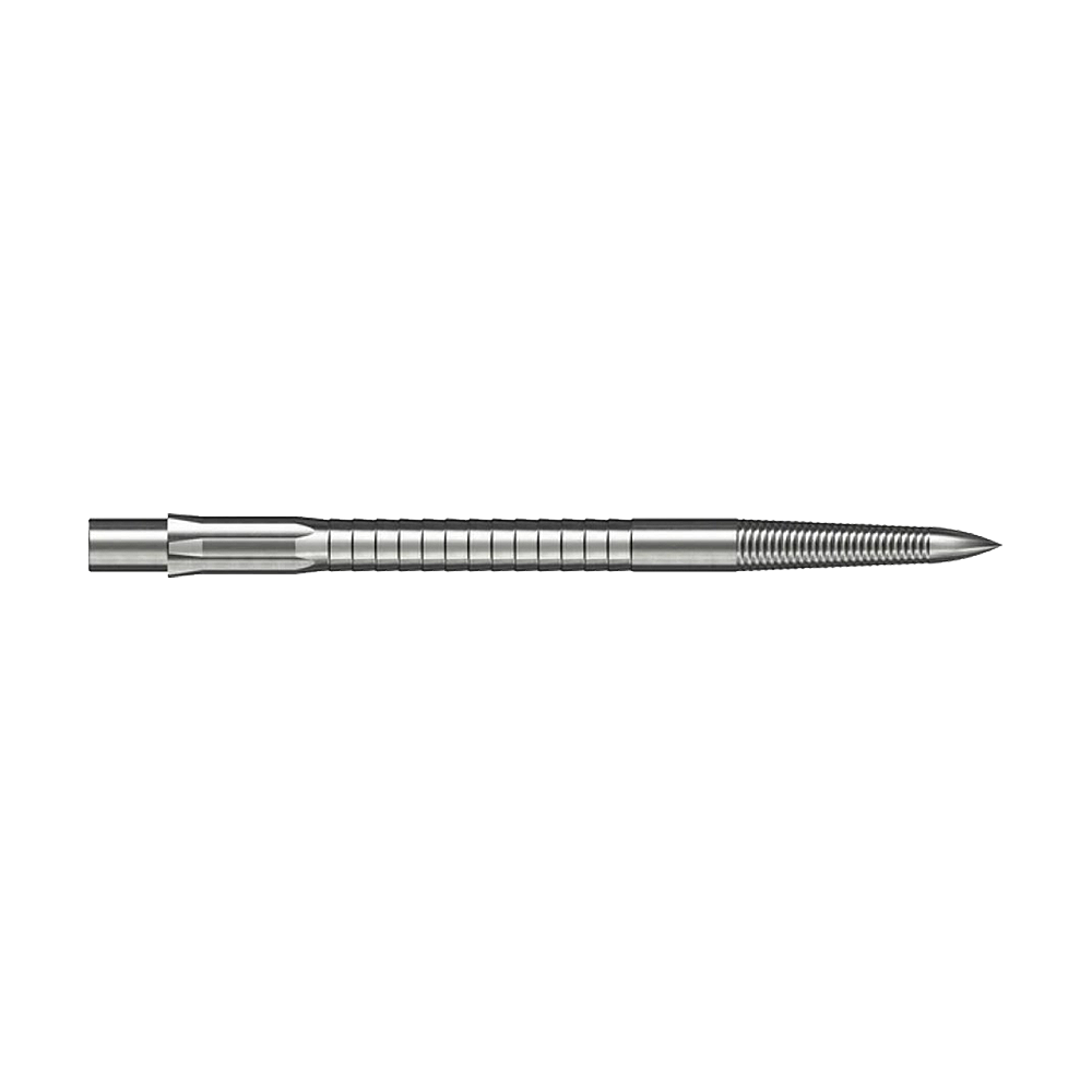 Das Bild zeigt Steeldartspitzen mit Micro Grip im Silber-Design, 40mm lang. Die Spitze ist einzeln und deutlich sichtbar dargestellt.