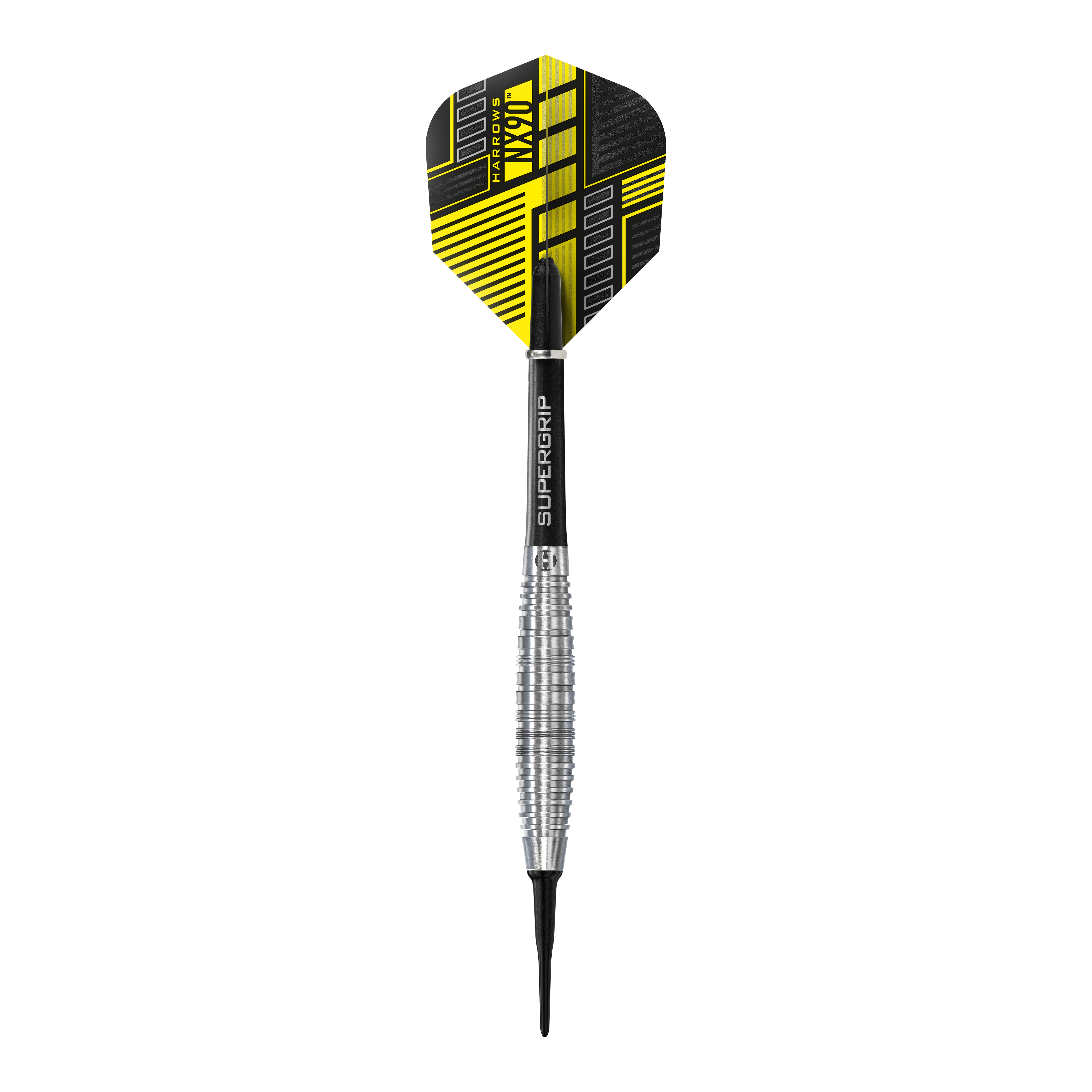 Měkké šipky Harrows NX90 Bomb Das Bild zeigt einen Harrows NX90 Bomb Softdart mit einem silbernen, geriffelten Barrel. Die Flight-Feder ist schwarz und gelb gemustert und trägt den Produktnamen.