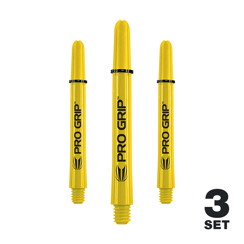 Target Pro Grip Shafts – 3 sady – žlutá Auf dem Bild sind drei gelbe Pro Grip Dartschäfte zu sehen. In der rechten unteren Ecke steht „3 Set“.