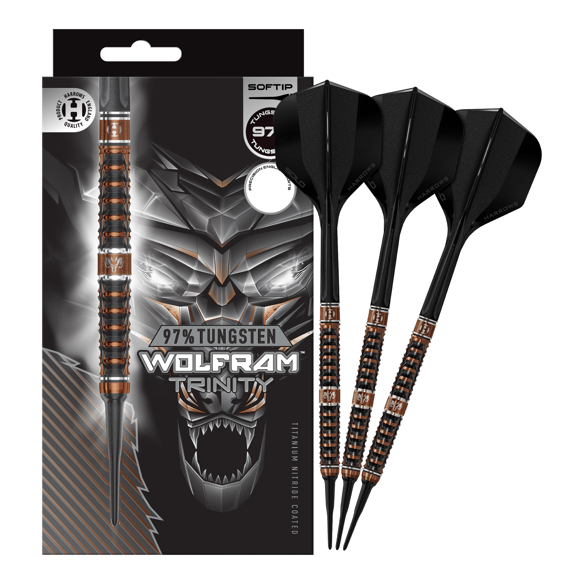 Měkké šipky Harrows Tungsten Trinity Das Bild zeigt die Harrows Wolfram Trinity Softdarts in voller Ansicht. Die Softdarts sind hochwertig verarbeitet.