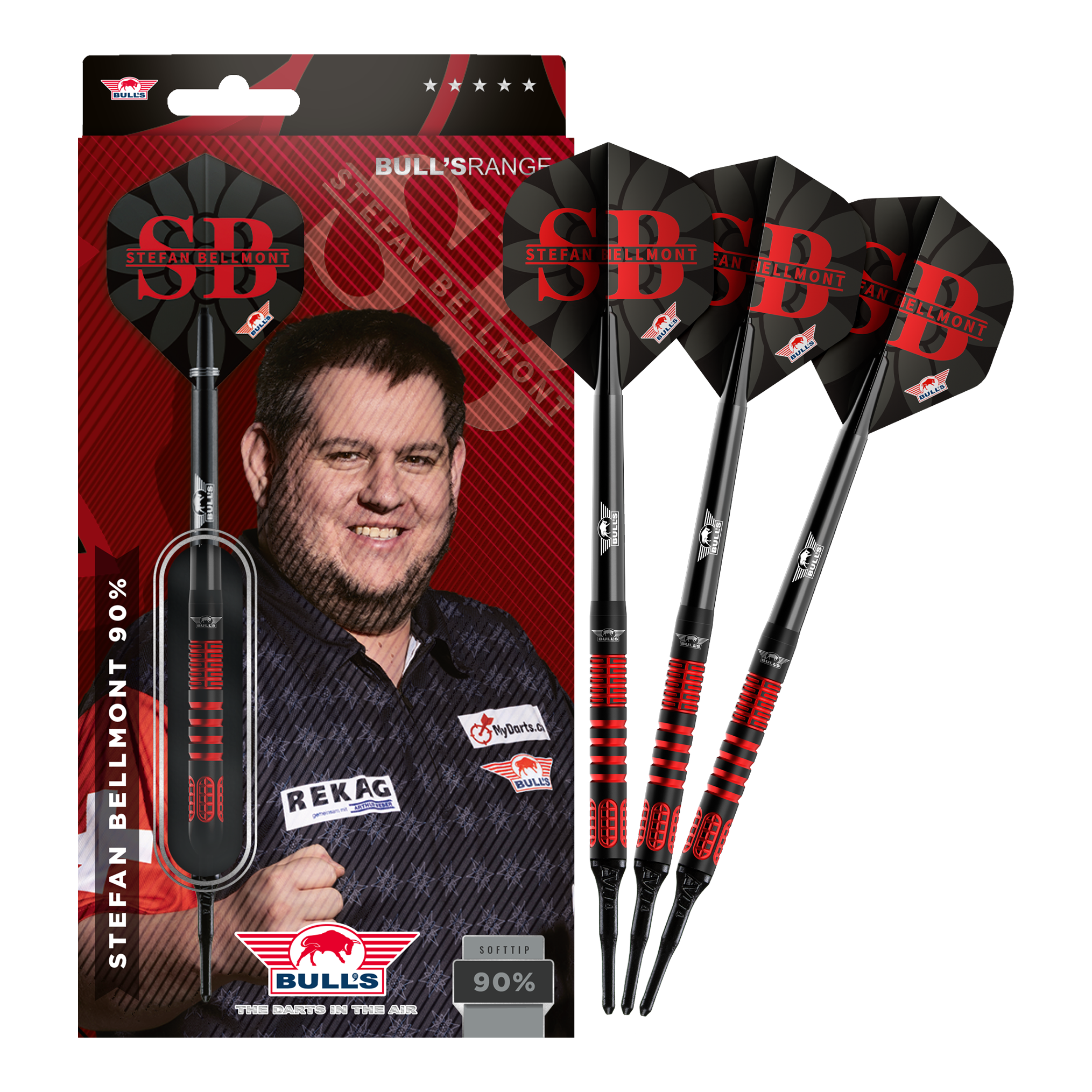 Auf dem Bild sind die Bulls NL Stefan Bellmont 90 Softdarts - 20g komplett zu sehen. Diese Darts bieten Präzision und gute Spielbarkeit.