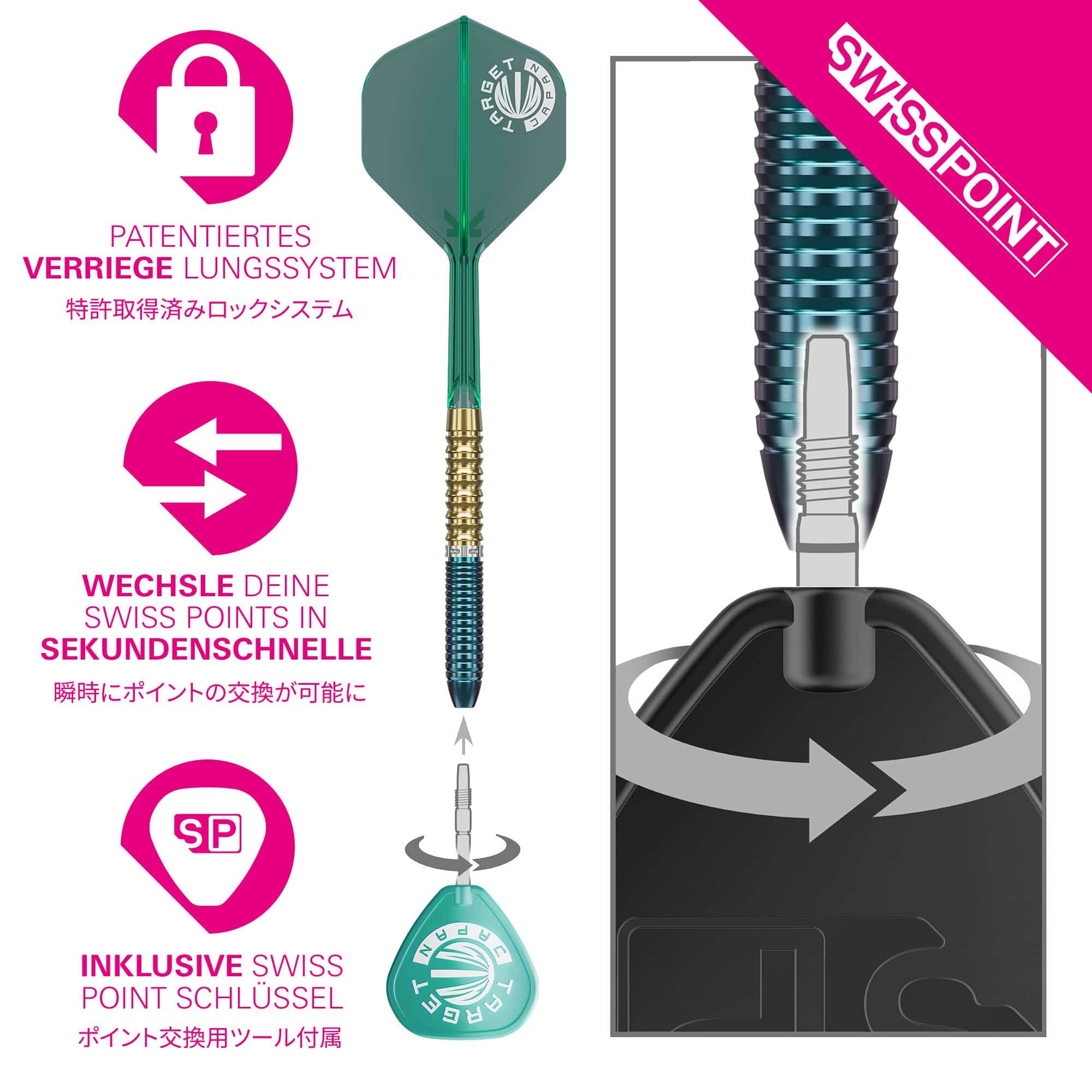 Šipky Target Japan Prime Series Zenith GEN 2.5 Swiss Point Steeldarts Target Japan Prime Series Zenith GEN 2.5 Swiss Point Steeldarts sind hochwertige Steeldarts für professionelle Spieler. Das Bild zeigt das Produkt in Nahaufnahme.
