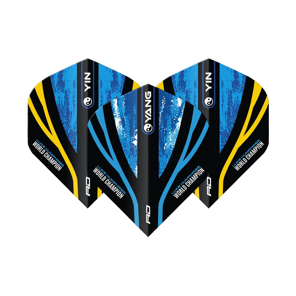 Mistr světa Red Dragon Luke Humphries, Blue Gold, Yin Yang Standard Flights Das Bild zeigt drei Dart-Flights mit dem Design "Red Dragon Luke Humphries World Champion Blue Gold Yin Yang Standard Flights". Die Flights sind in Blau, Schwarz und Gold gehalten und tragen die Aufschrift "World Champion".