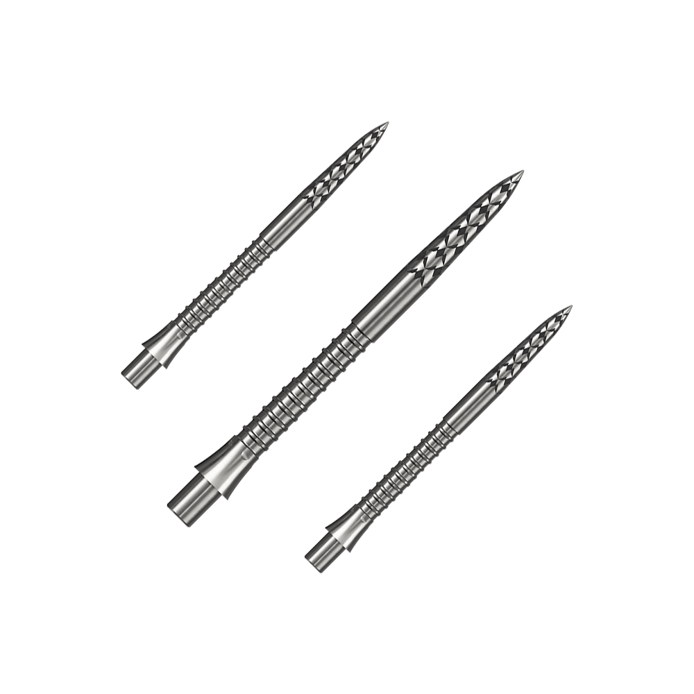 Špičky na šipky Mission Caliburn EVO s logem GV - stříbrné Ein Set silberner Steeldartspitzen ist abgebildet. Die Spitzen sind vermutlich 32 mm lang.