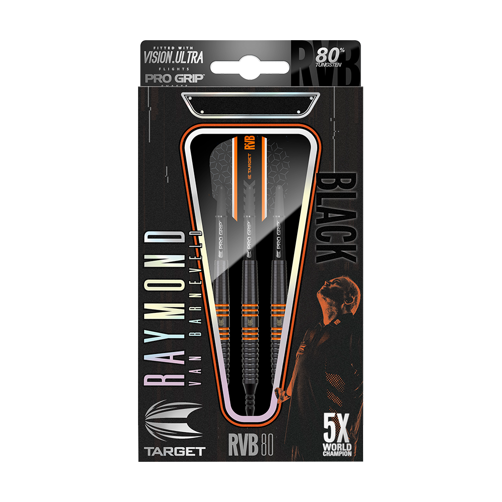 100153-Target-RVB-80-Black-Tungsten-Softdarts-3-4-Wallet Das Bild zeigt die Verpackung der "Target RVB 80% Black Tungsten Softdarts". Auf der Verpackung sind drei Darts sowie der Name Raymond van Barneveld und der Hinweis auf 80% Tungsten zu sehen.