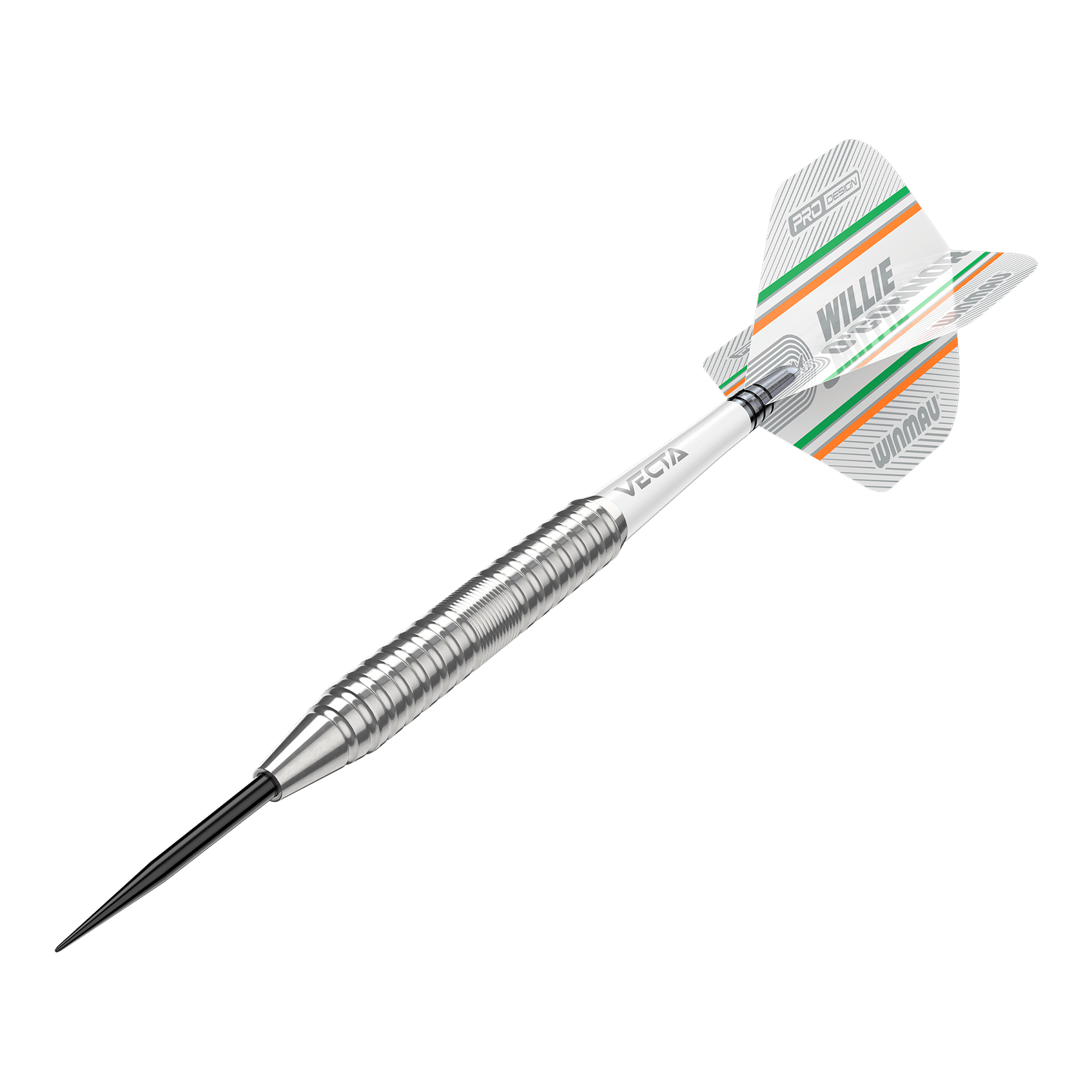 Šipky Winmau Willie O'Connor ocelové - 23g Das Bild zeigt einen silbernen Steeldartpfeil mit dem Namen "Winmau Willie O'Connor Steeldarts - 23g". Auf dem Flight sind grüne und orange Streifen sowie der Name "Willie O'Connor" zu sehen.