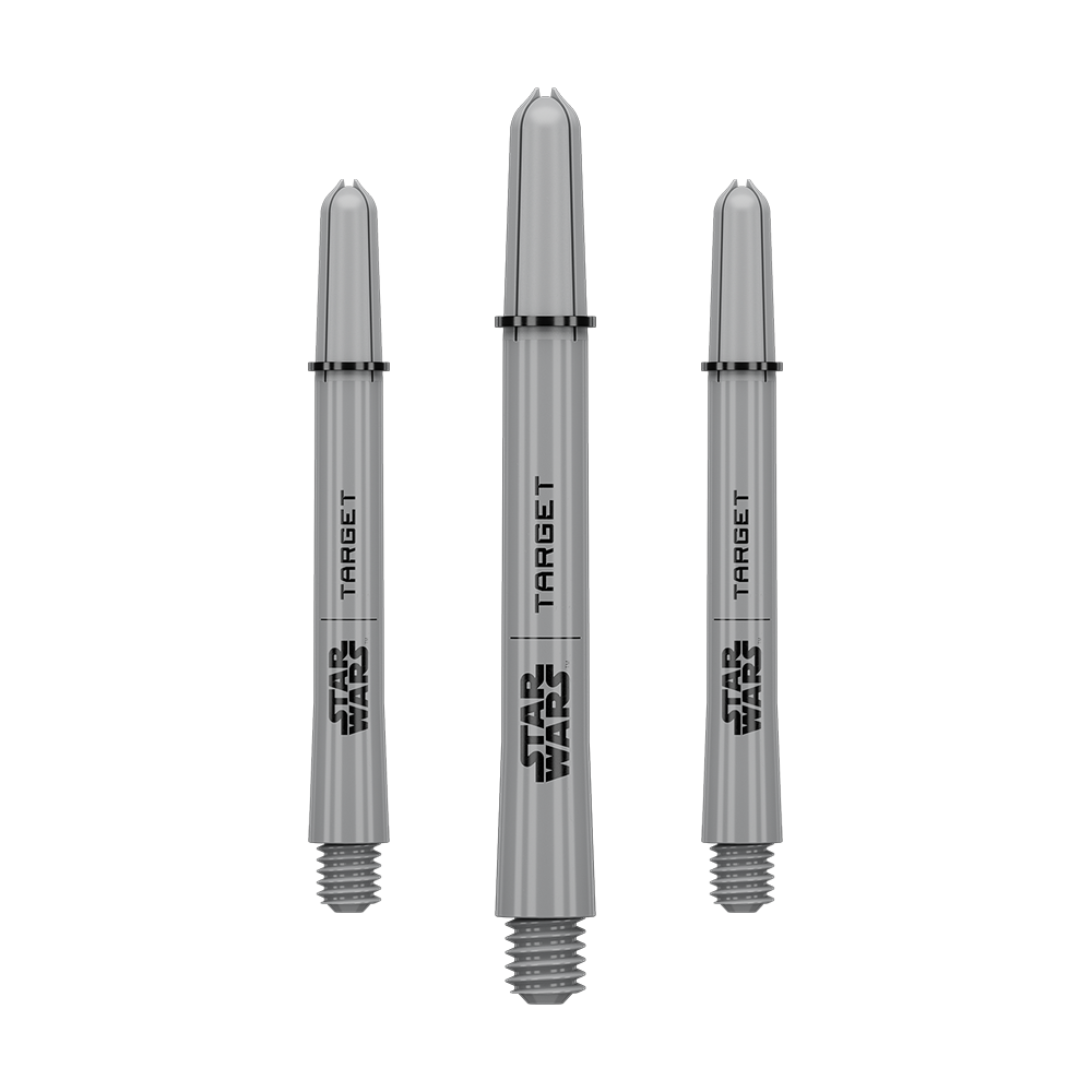 Násadky Target Star Wars ProGrip - šedé Das Bild zeigt ein Dart-Zubehör mit dem Dateinamen 380432_Target_StarWars_ProGrip_Shafts_Grau_Medium_48mm_1Set. Es handelt sich vermutlich um einen grauen Medium ProGrip Shaft von Star Wars mit 48mm Länge als Set.