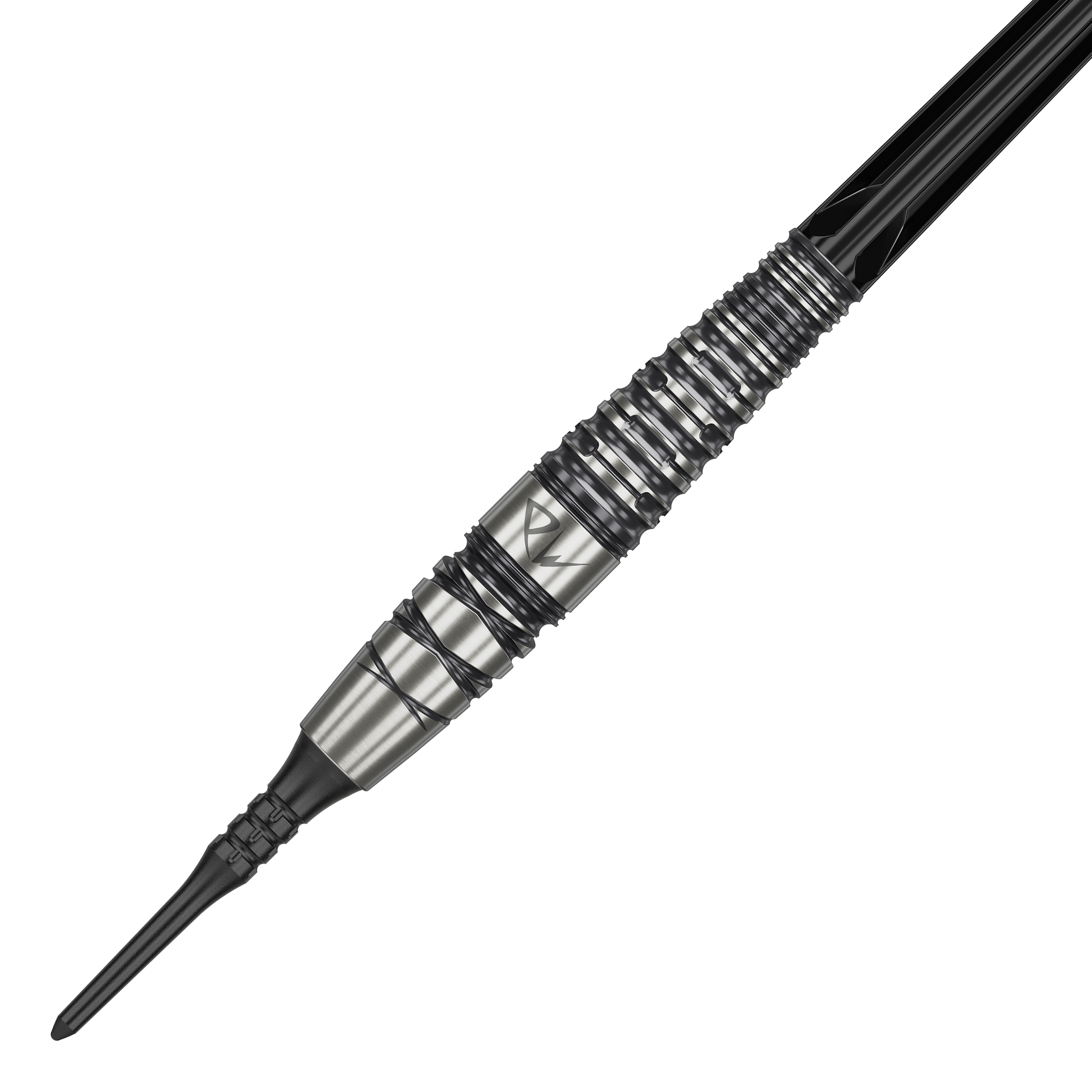Das Bild zeigt einen Target Japan Black Marque PW 2 Softdart mit einem Gewicht von 18 Gramm. Der Dart hat ein silbern-schwarzes, geriffeltes Design und eine feine Spitze.