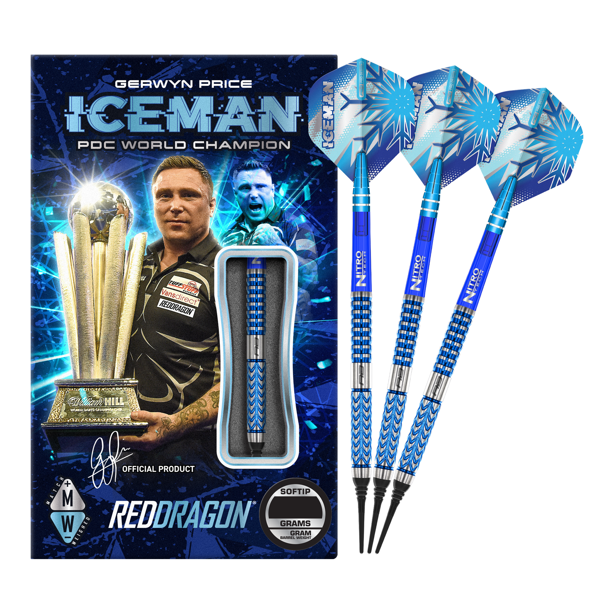 Red Dragon Gerwyn Price Glacier Softdarts - 18g Das Bild zeigt das Produkt "Red Dragon Gerwyn Price Glacier Softdarts - 18g" mit einer auffälligen blauen Verpackung. Neben der Verpackung sind drei blaue Softdarts mit dem Schriftzug "ICEMAN" und einem Eismuster abgebildet.