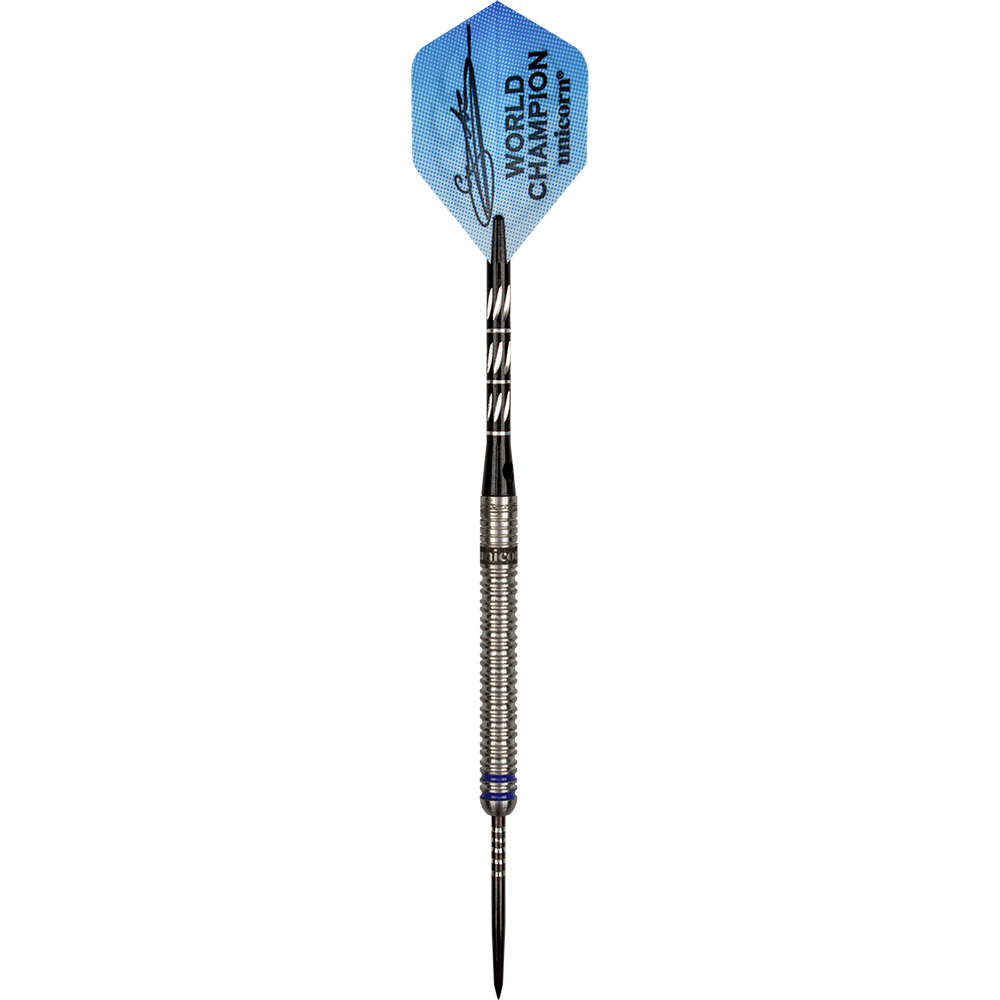 27444_Unicorn_World_Champion_Gary_Anderson_Phase_3_Steeldarts_1W5AjWjnTvHigH Auf dem Bild ist ein Steeldart der Marke „Unicorn World Champion Gary Anderson Phase 3“ zu sehen. Der Dart hat eine silberne Barrel, einen schwarzen Schaft und ein blaues Flight mit Aufschrift.