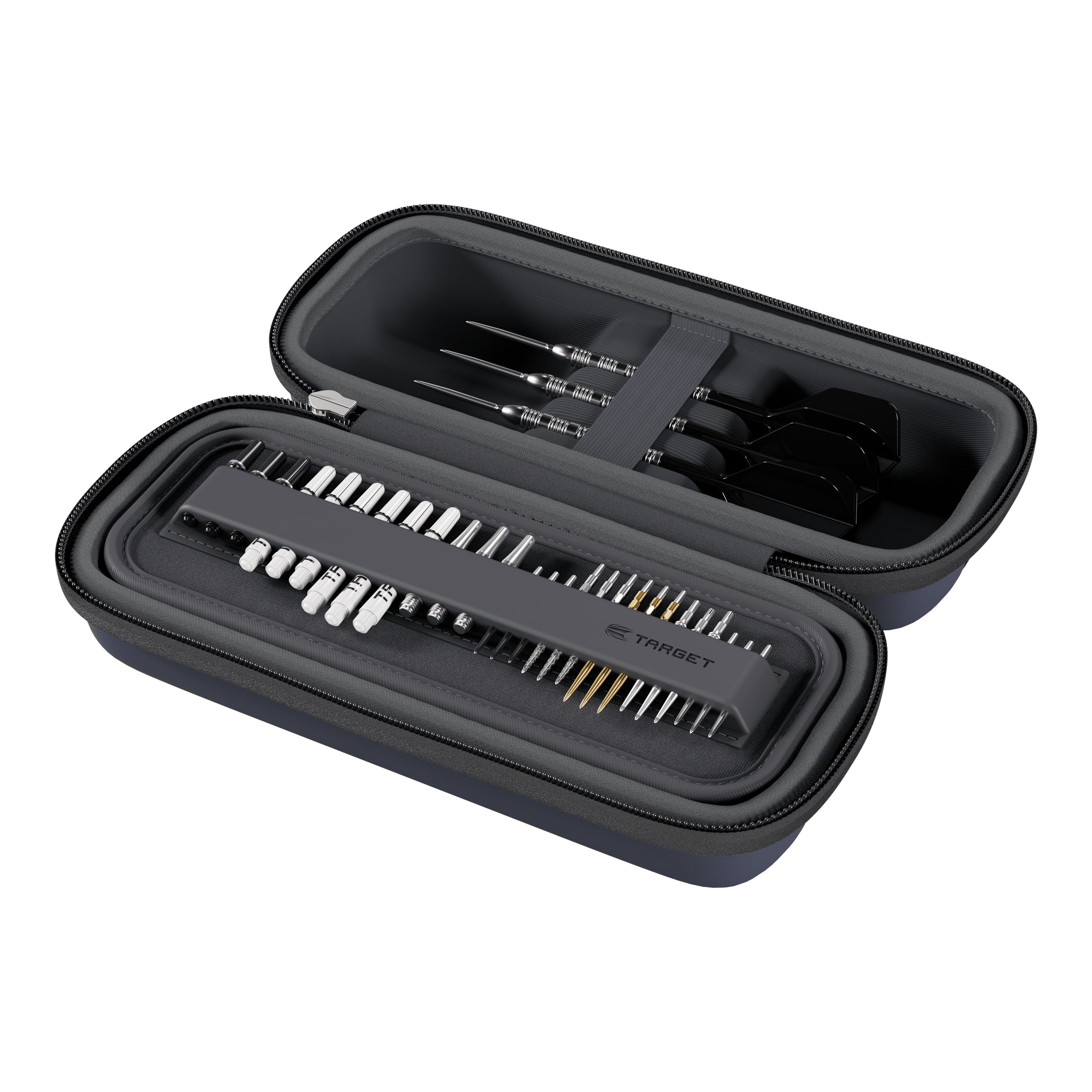 Pouzdro na šipky Target BOA Ein Dartcase in den Farben Navy und Dunkelgrau ist abgebildet. Es ist vermutlich das Target BOA Dartcase.