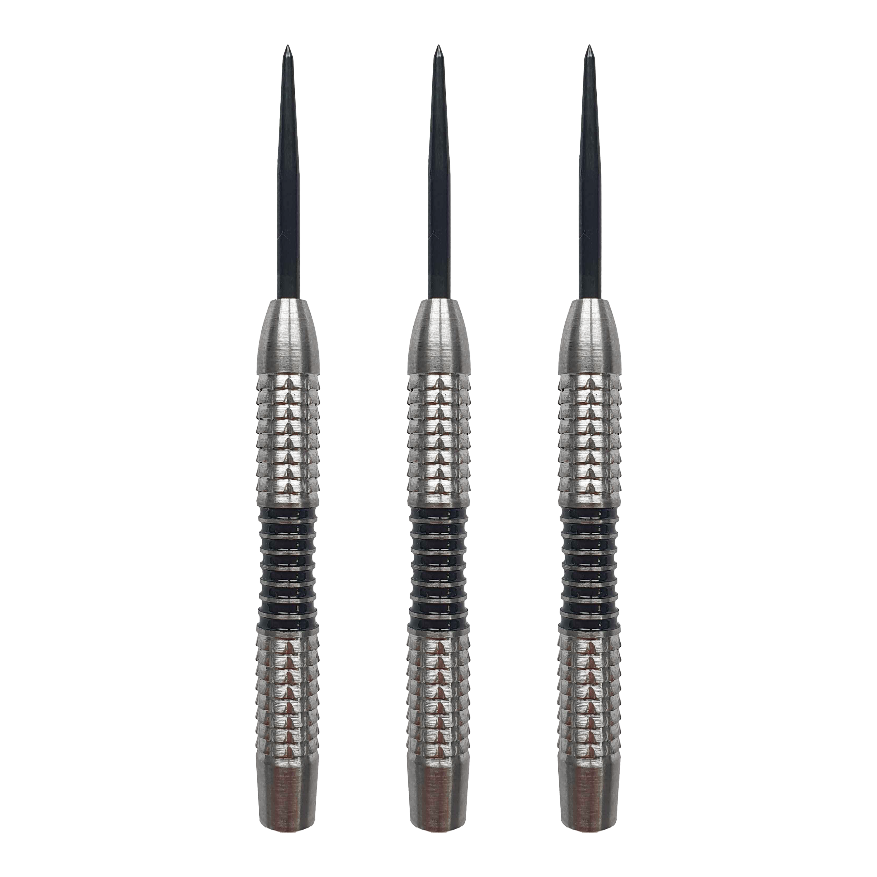 Das Bild zeigt drei silberne Steeldart-Barrels mit schwarzen Streifen in der Mitte. Sie sind von der Marke McDart und stehen nebeneinander aufrecht.