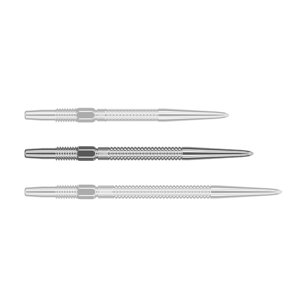Špičky na šipky Target Swiss Point GRD Silver Das Bild zeigt drei silberne Dartspitzen des Produkts „Target Swiss Point GRD Silver Dartspitzen“. Die Spitzen sind nebeneinander angeordnet und haben eine feine Riffelung.