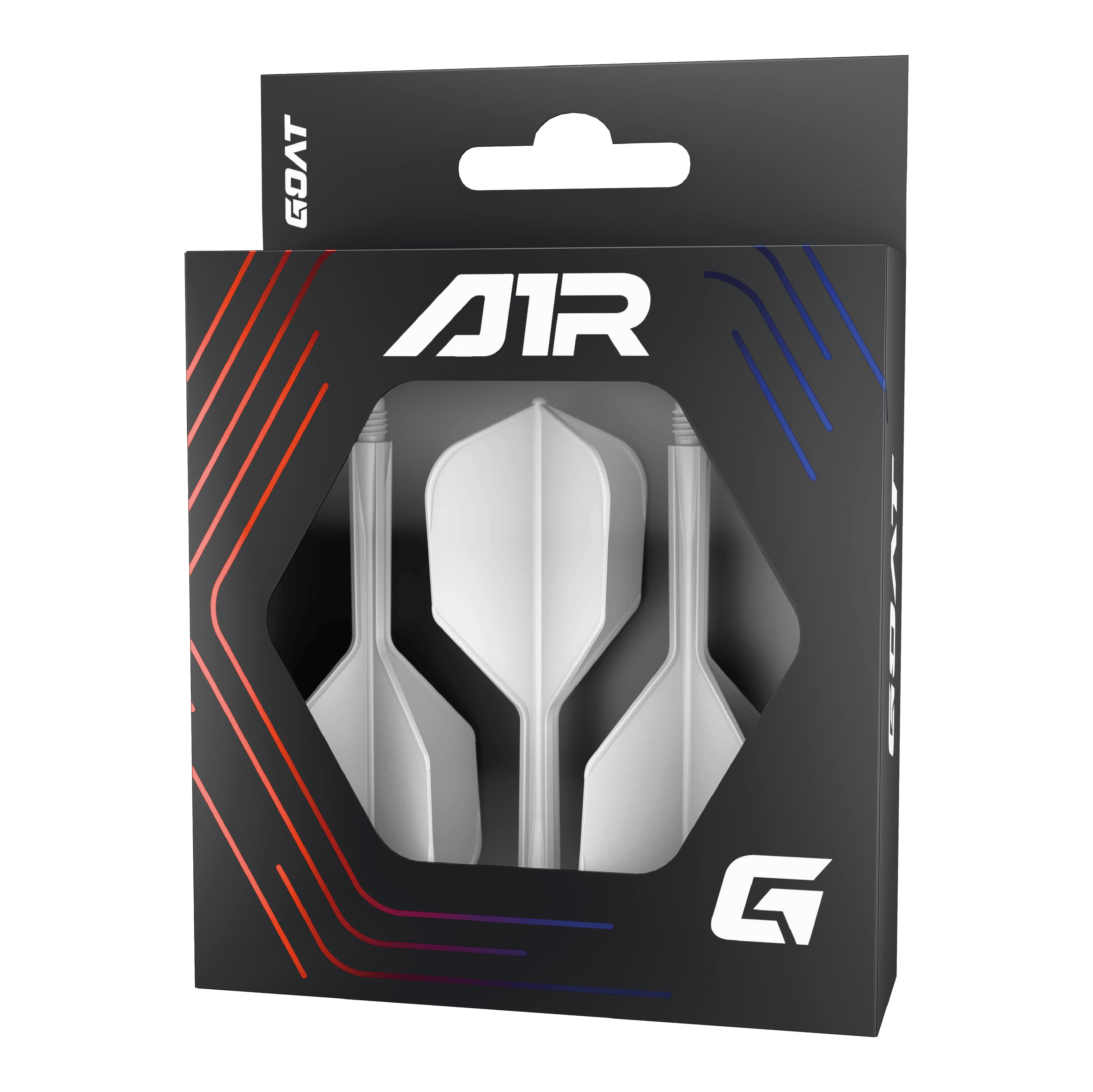 Systém letmých hřídelí GOAT A1R No6 - bílý Die Abbildung zeigt das Produkt „GOAT A1R No6 Flight-Shaft-System - Weiß“ in einer schwarzen Verpackung mit Sichtfenster. In der Verpackung sind drei weiße Dart-Flights mit Schäften zu sehen.