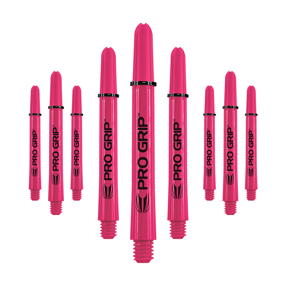 Target Pro Grip Shafts - 3 sady - Pink Auf dem Bild sind neun pinke Pro Grip Shafts zu sehen, die für Dartpfeile verwendet werden. Sie sind gleichmäßig angeordnet und tragen den Schriftzug "PRO GRIP" in schwarzer Farbe.