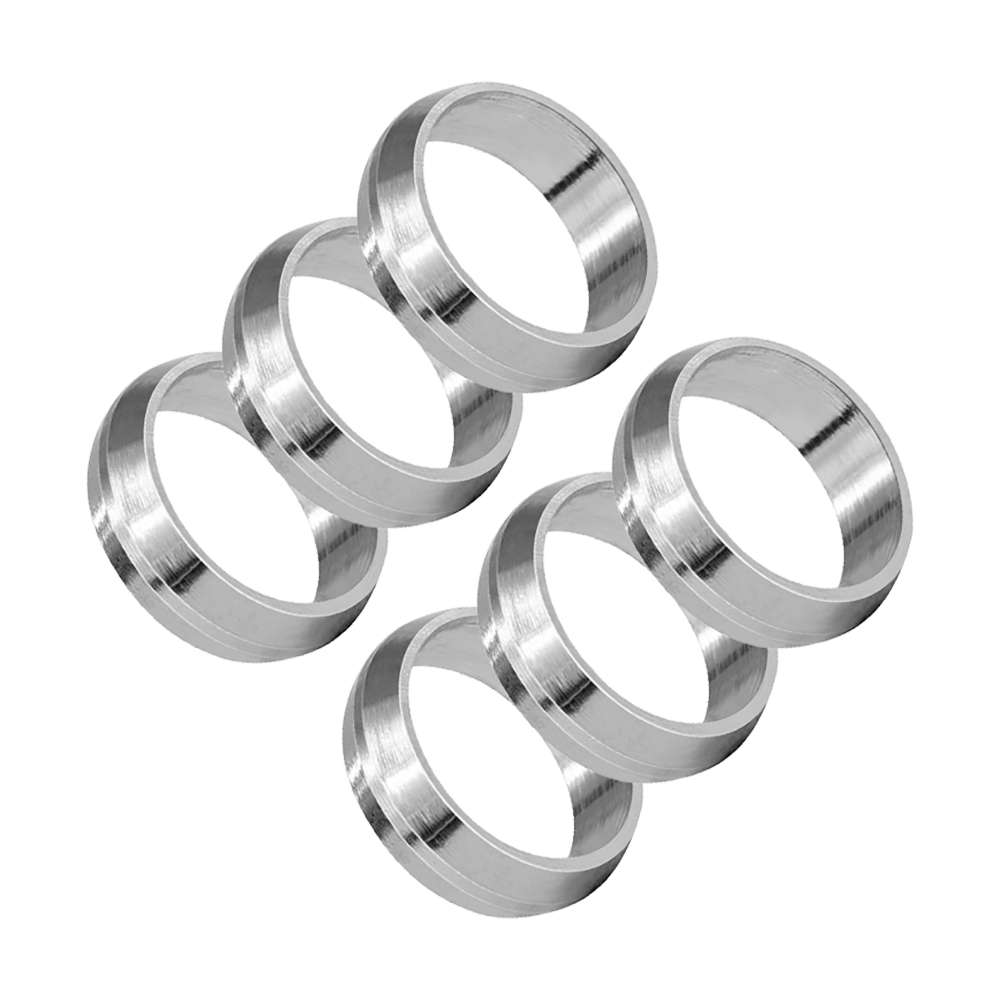 Das Bild zeigt sechs silberne Ringe des Produkts „Harrows Pyramid Shaftringe“. Die Ringe sind aus Metall und werden für Dartpfeile verwendet.