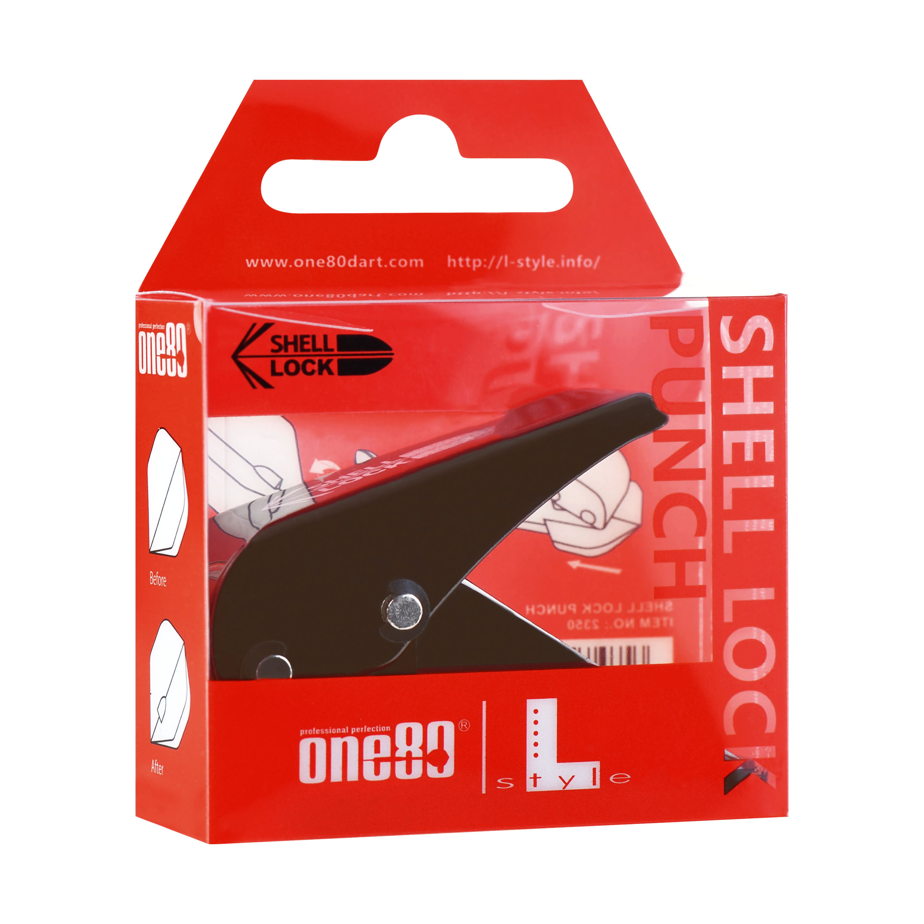 Děrovač s uzamykatelným pouzdrem L-Style One80 Das Bild zeigt die Verpackung des Produkts "L-Style One80 Shell Lock Punch Flightlocher". In der Packung befindet sich ein schwarzer Lochstanzer für Dart-Flights.