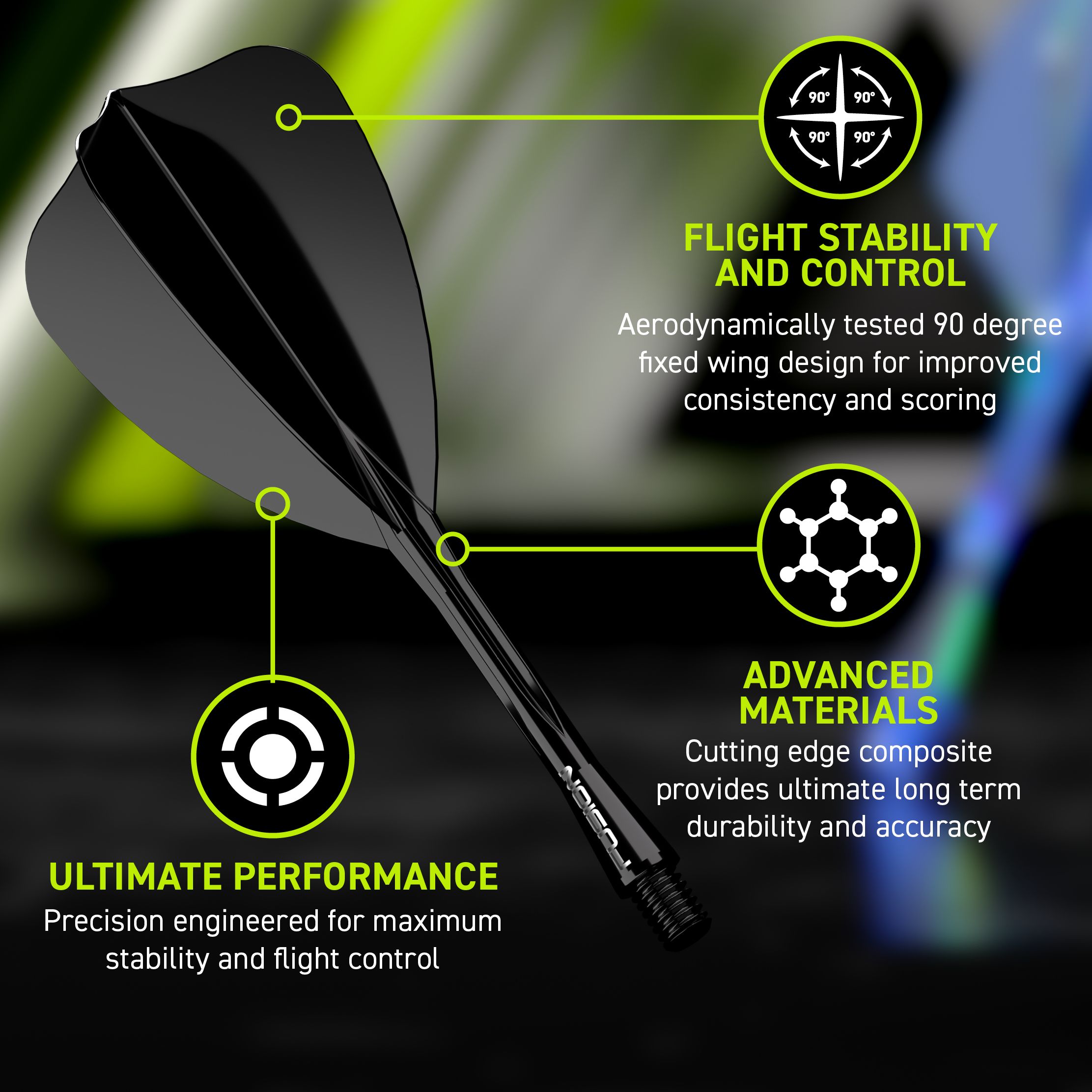 Winmau Fusion Flight-Shaft-System Arrow Schwarz Das Bild zeigt ein modernes Dartflug-System mit schwarzem Flight und Schaft. Es hebt die Vorteile wie Flugstabilität, fortschrittliche Materialien und ultimative Leistung hervor.