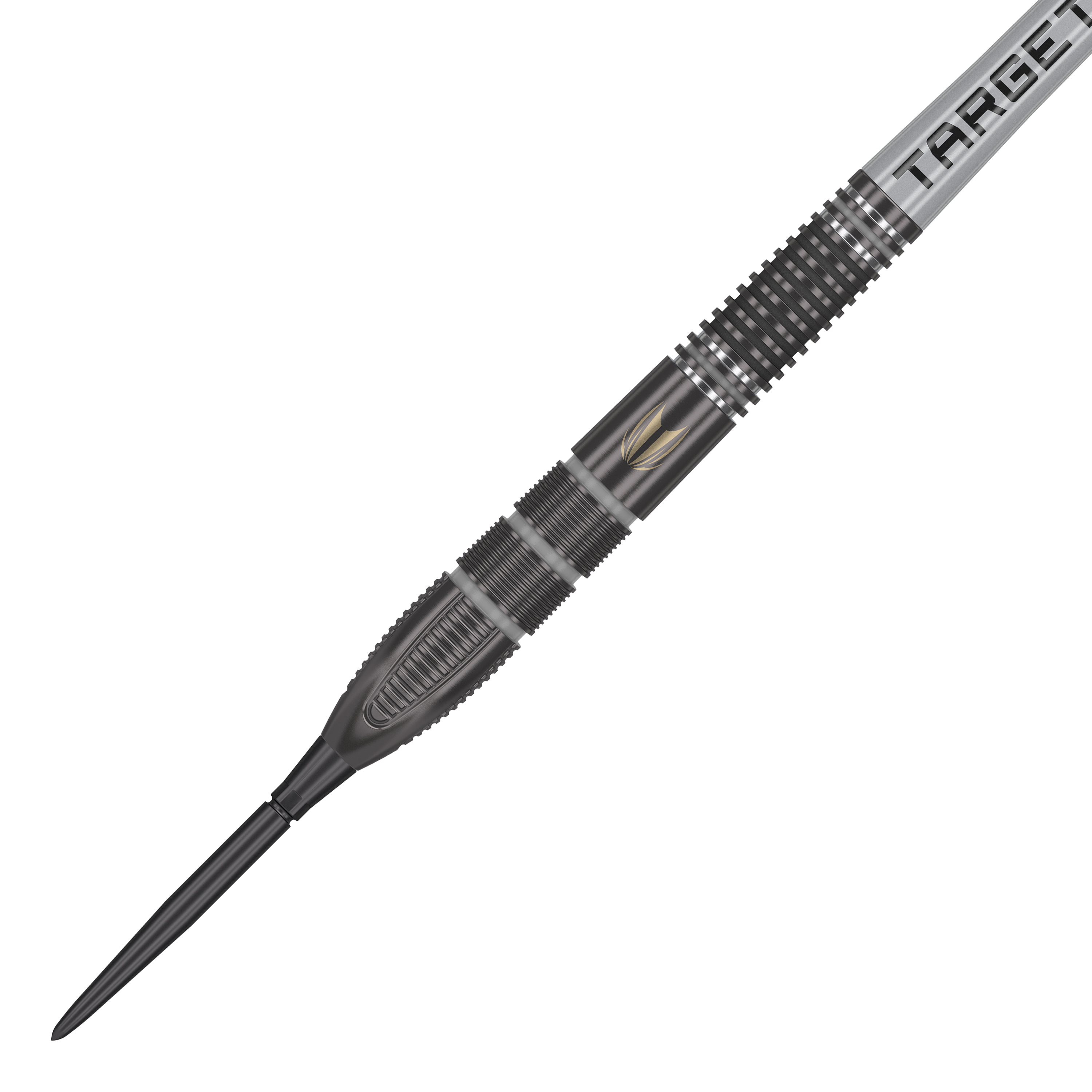Ocelové šipky Target Nathan Aspinall X Echo Swiss Point Das Bild zeigt den Target Nathan Aspinall X Echo Swiss Point Steeldart. Der Dartpfeil ist schwarz-silbern mit einem detaillierten Griffdesign und dem Schriftzug "TARGET" am Schaft.