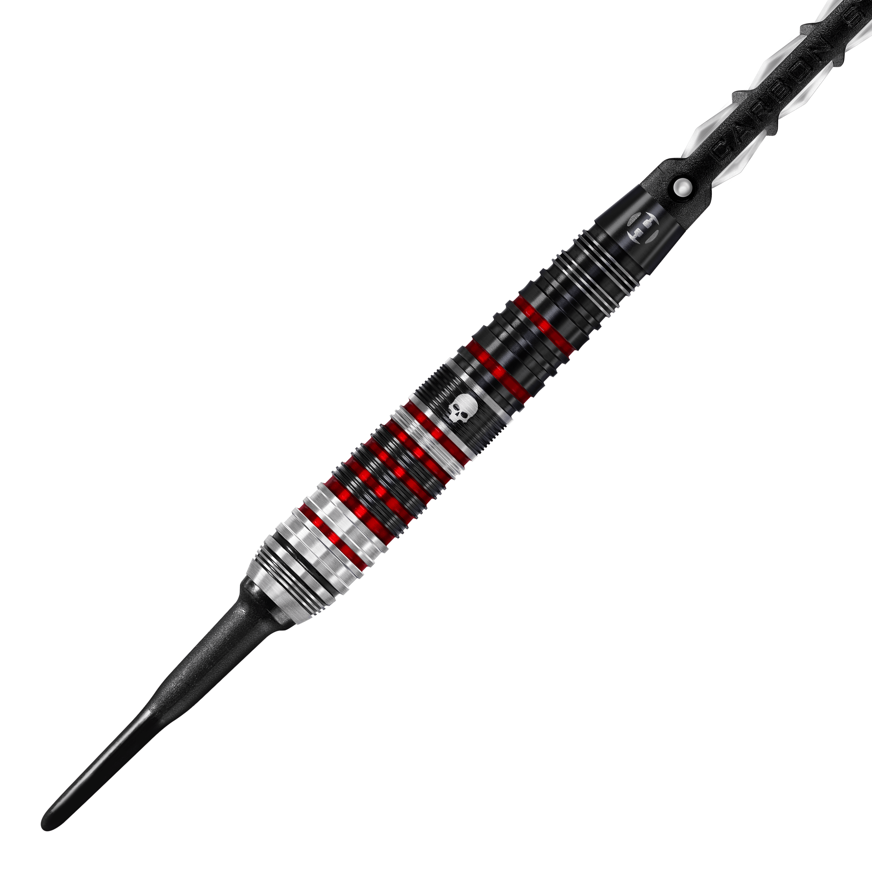 Měkké šipky Harrow's Ryan Searle Heavy Metal Series 2 Das Bild zeigt einen Harrows Ryan Searle Heavy Metal Series 2 Softdart. Der Dartpfeil ist schwarz, silber und rot mit einem Totenkopf-Design auf dem Griff.