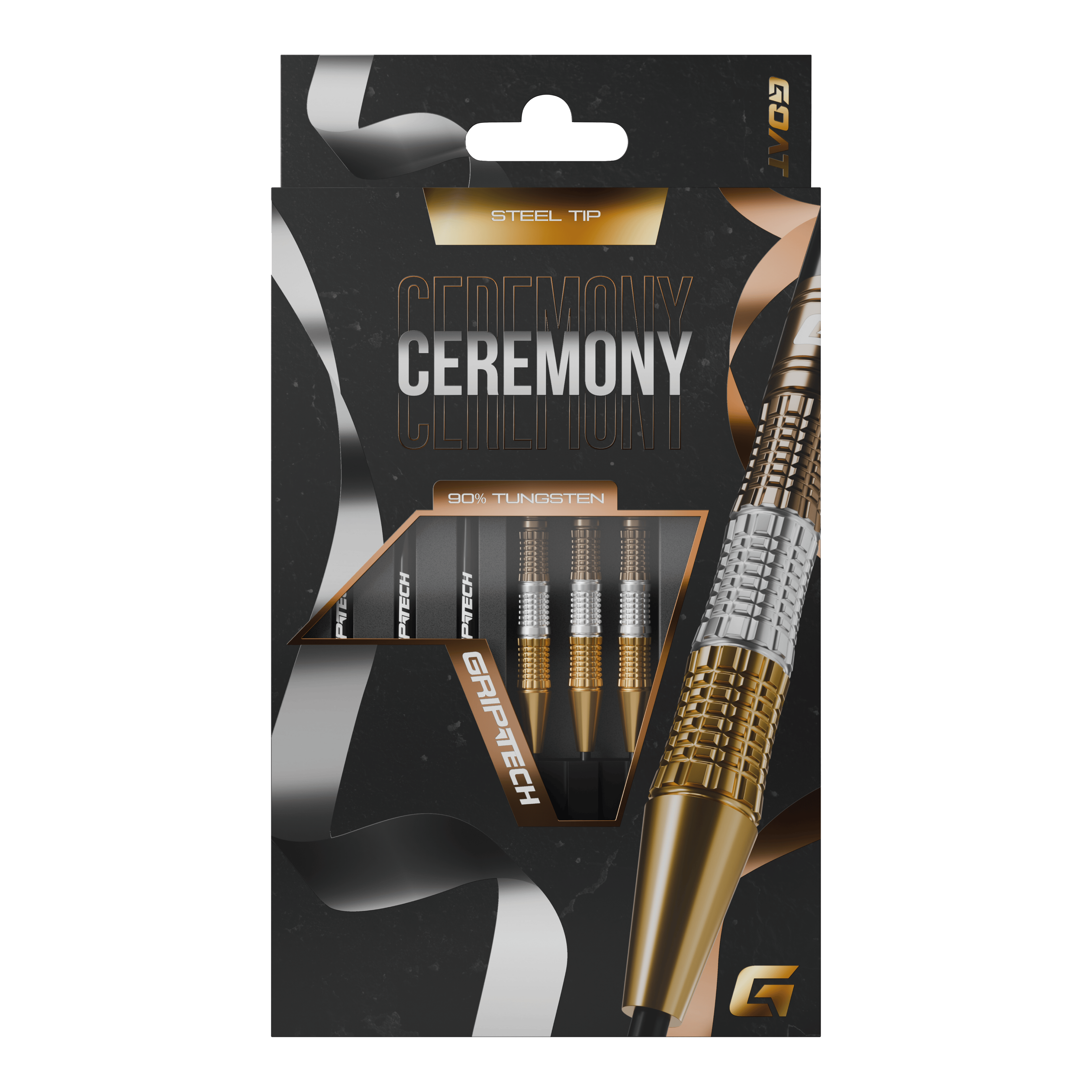Šipky GOAT Ceremony z wolframové oceli Die Abbildung zeigt eine Packung „GOAT Ceremony Tungsten Steeldarts“. Die Verpackung hebt die Eigenschaften wie 90% Tungsten und Grip-Tech besonders hervor.