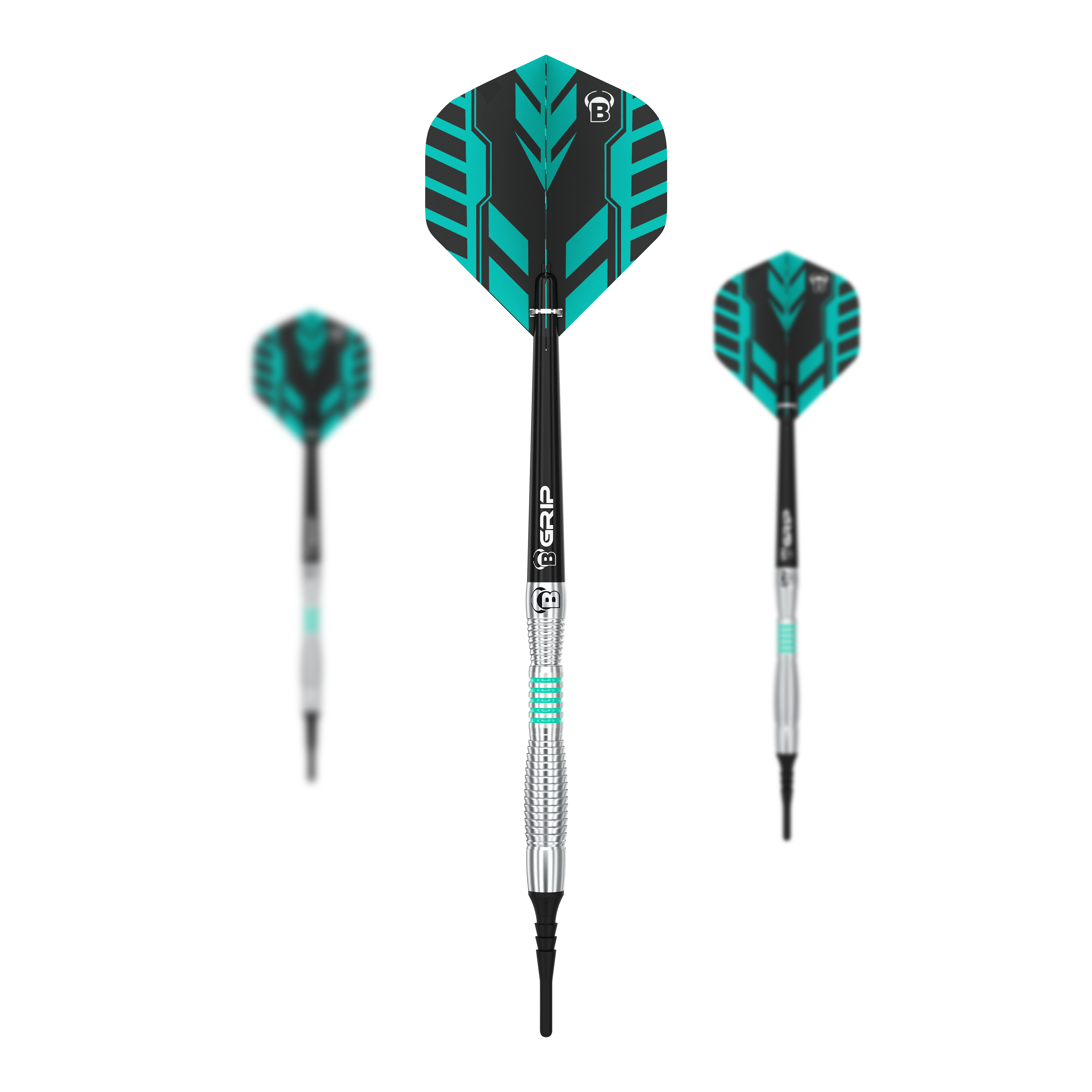 Das Bild zeigt drei Softdarts des Modells „Bulls Veco V3“. Die Darts haben schwarze und türkisfarbene Flights mit silbernen und schwarzen Schäften.