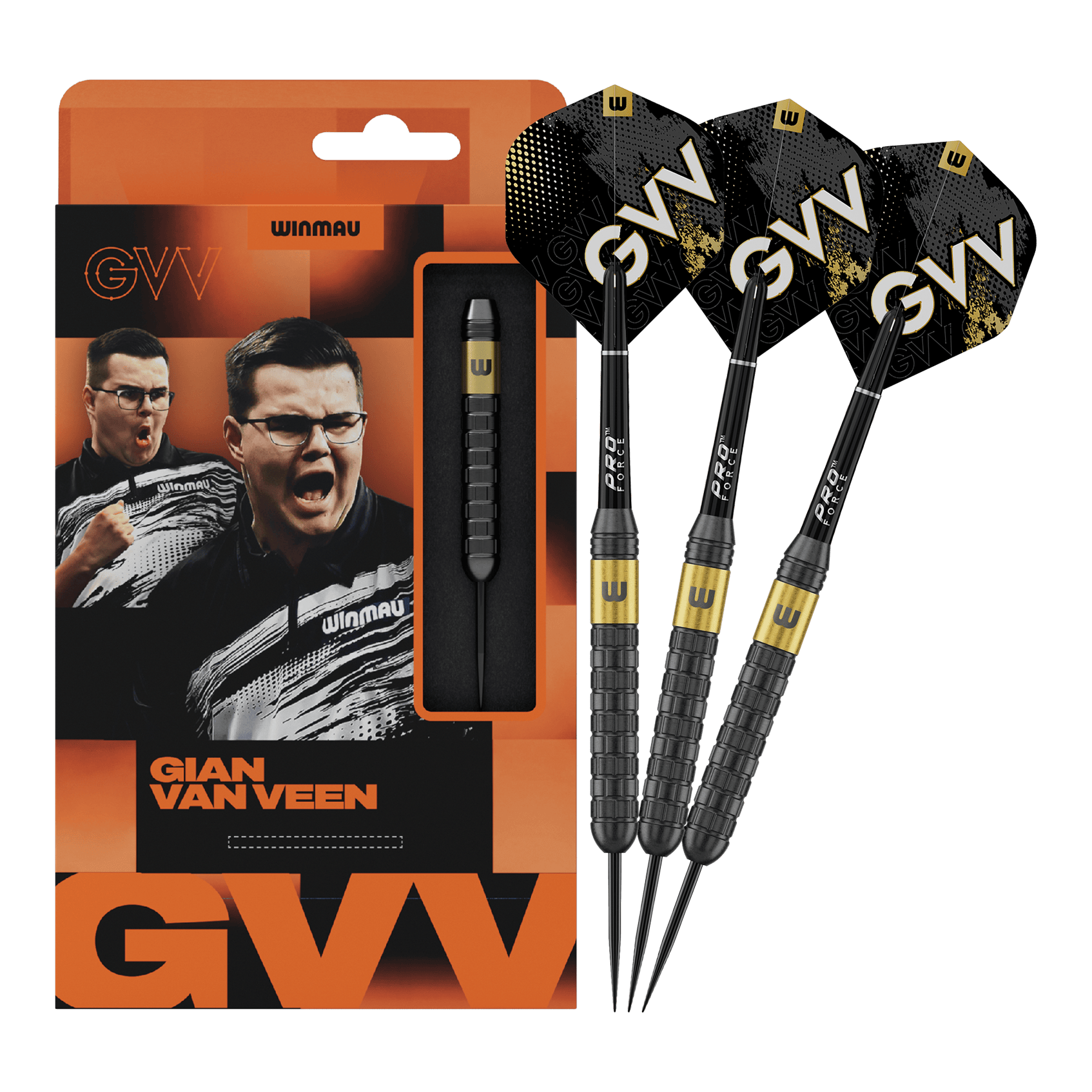 Winmau Gian Van Veen jádro mosazné Steeldarts - 21g Auf diesem Bild sieht man Winmau Gian Van Veen Core Brass Steeldarts mit 21 Gramm. Die Dartpfeile liegen nebeneinander und sind gut erkennbar.