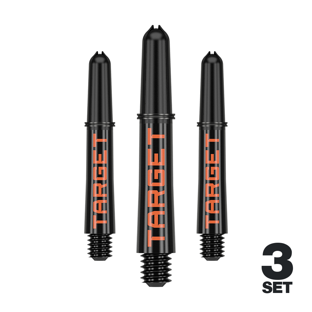Násadky Target Pro Grip TAG - 3 sady - černo-oranžové Auf dem Bild sind drei schwarze Dartschäfte mit orangener "TARGET"-Aufschrift zu sehen. Unten rechts steht "3 SET", was darauf hinweist, dass es sich um ein Set aus drei Stück handelt.