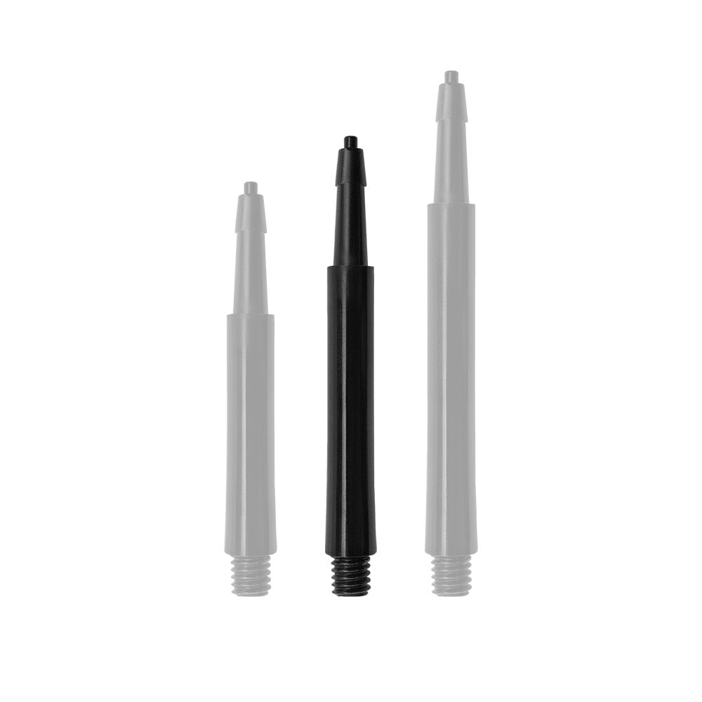 HRC12626_Harrows_Clic_Standard_Shafts_Schwarz_30mm_1CuW7VeyIAahRT Das Bild zeigt drei schwarze Harrows Clic Standard Shafts in verschiedenen Längen. Die Shafts sind für Dartpfeile geeignet.